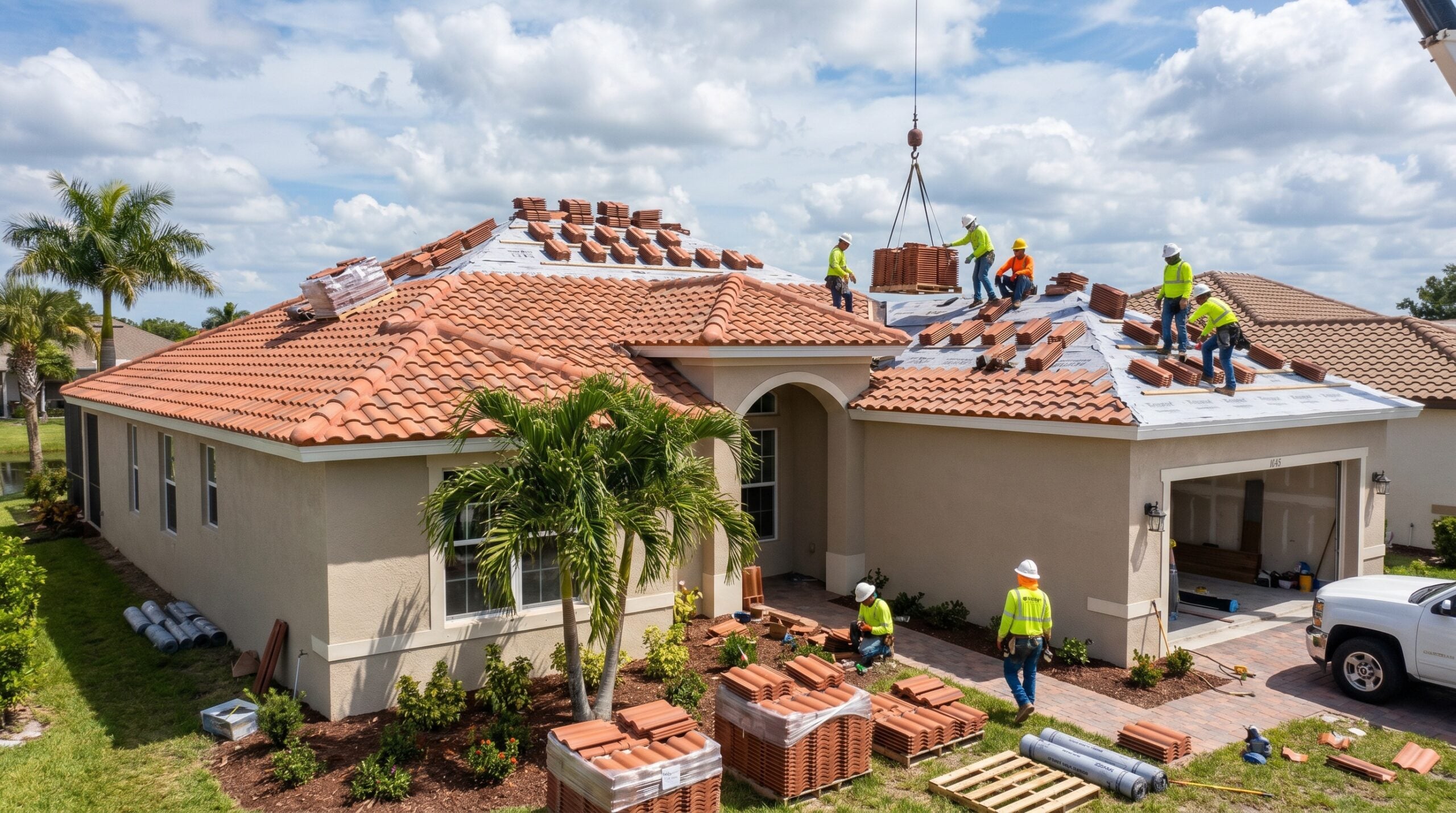 Florida home with concrete tile roof during installation showing workers and materials