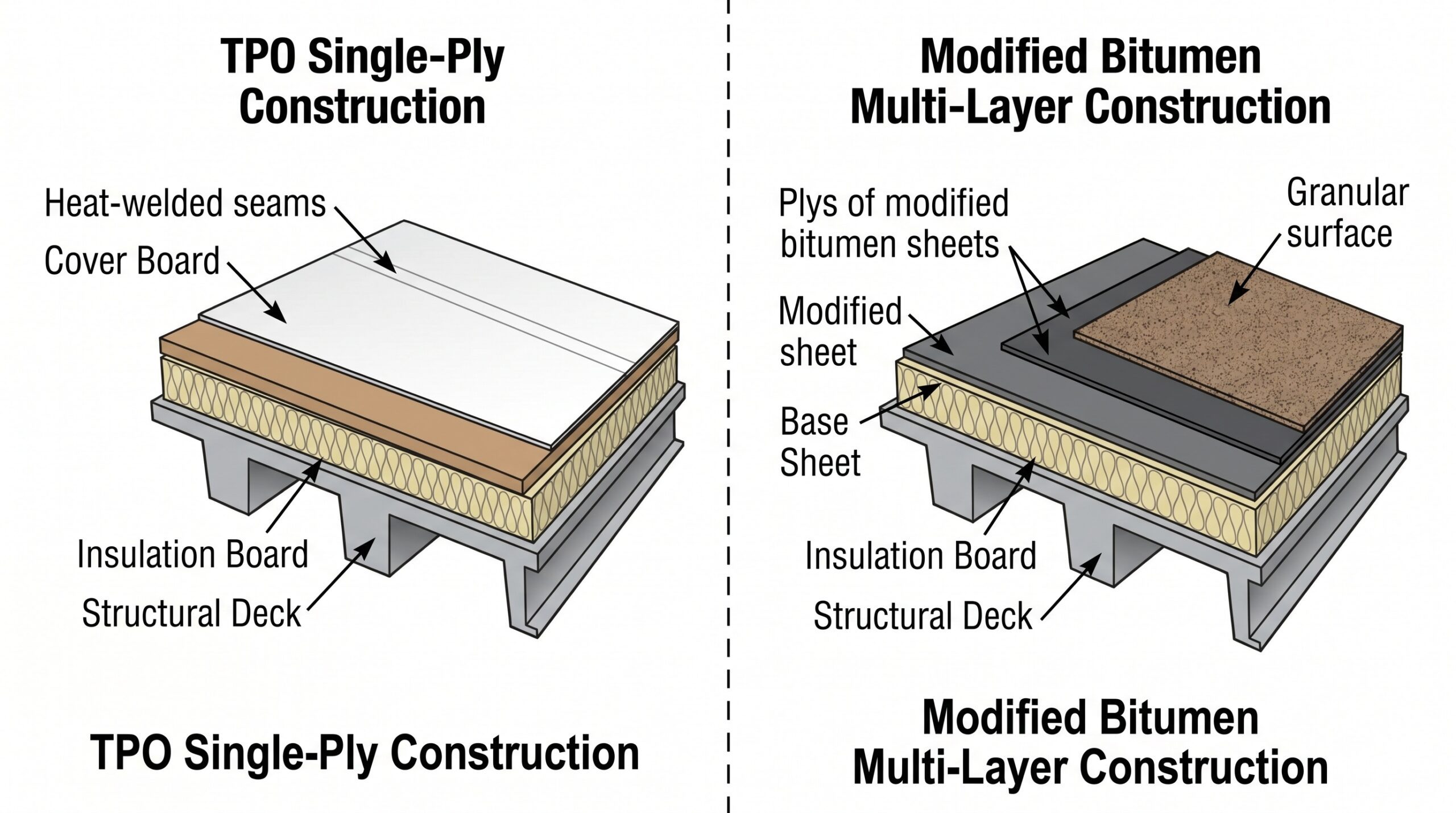 Cross section diagram showing TPO single ply vs modified bitumen multi layer construction