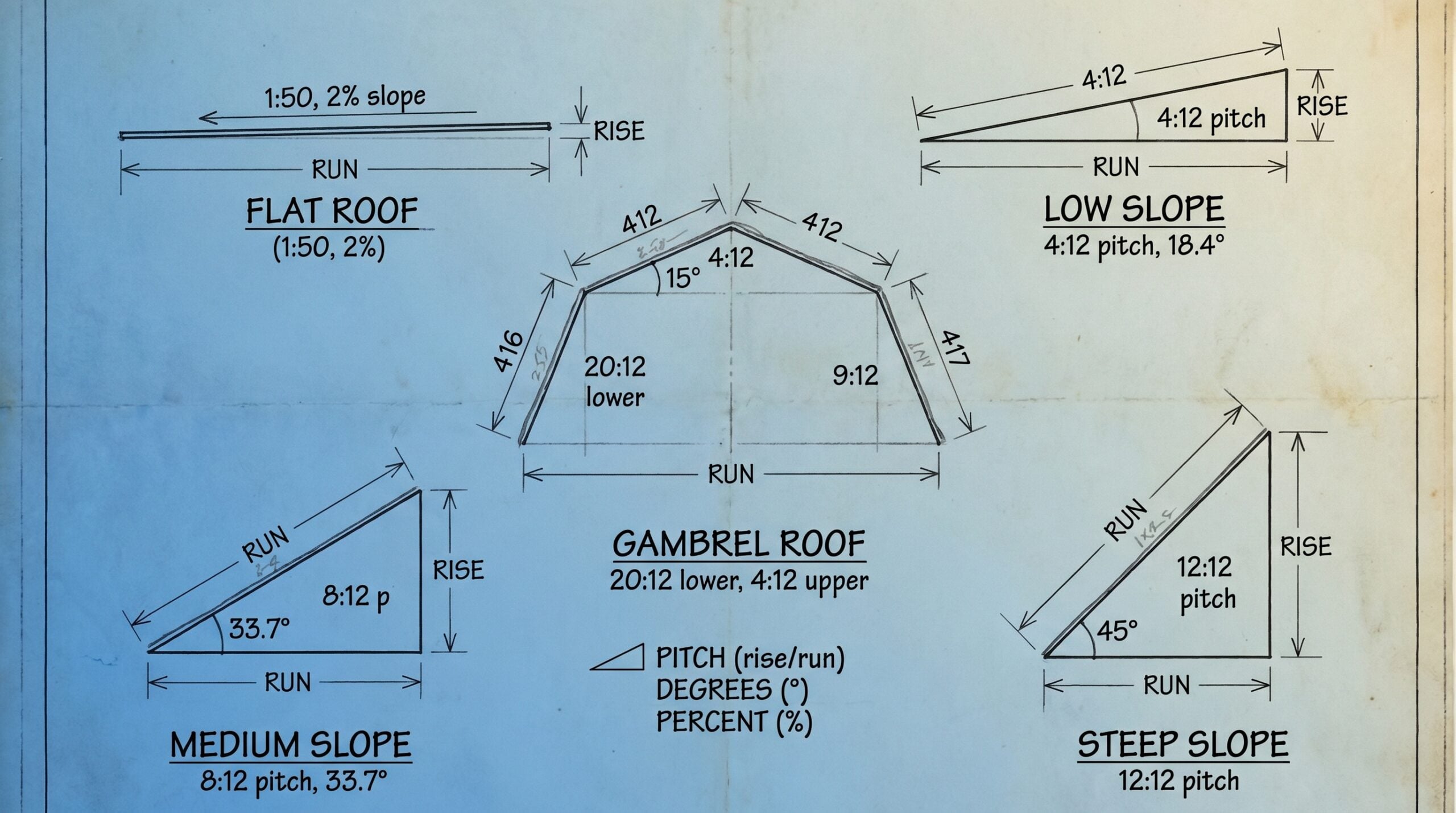 Diagram showing different roof slopes with measurements