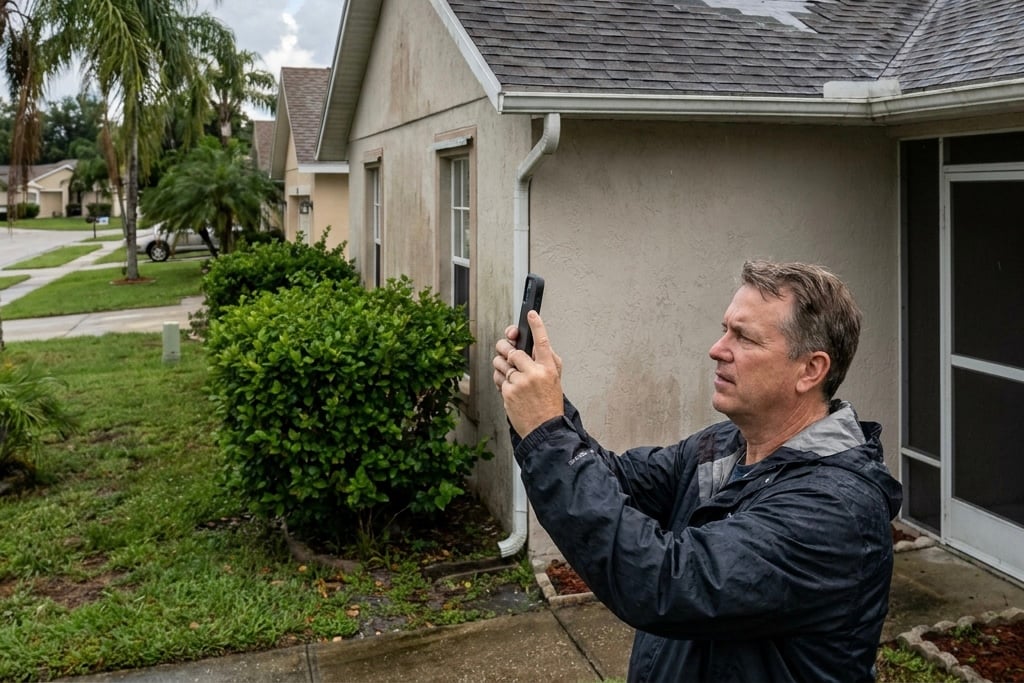 Man photographing house exterior damage