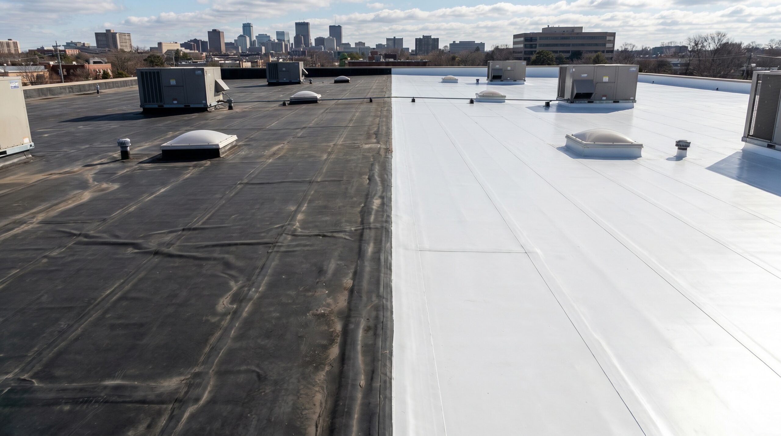 Side-by-side comparison showing black EPDM roof section next to white TPO section on commercial building