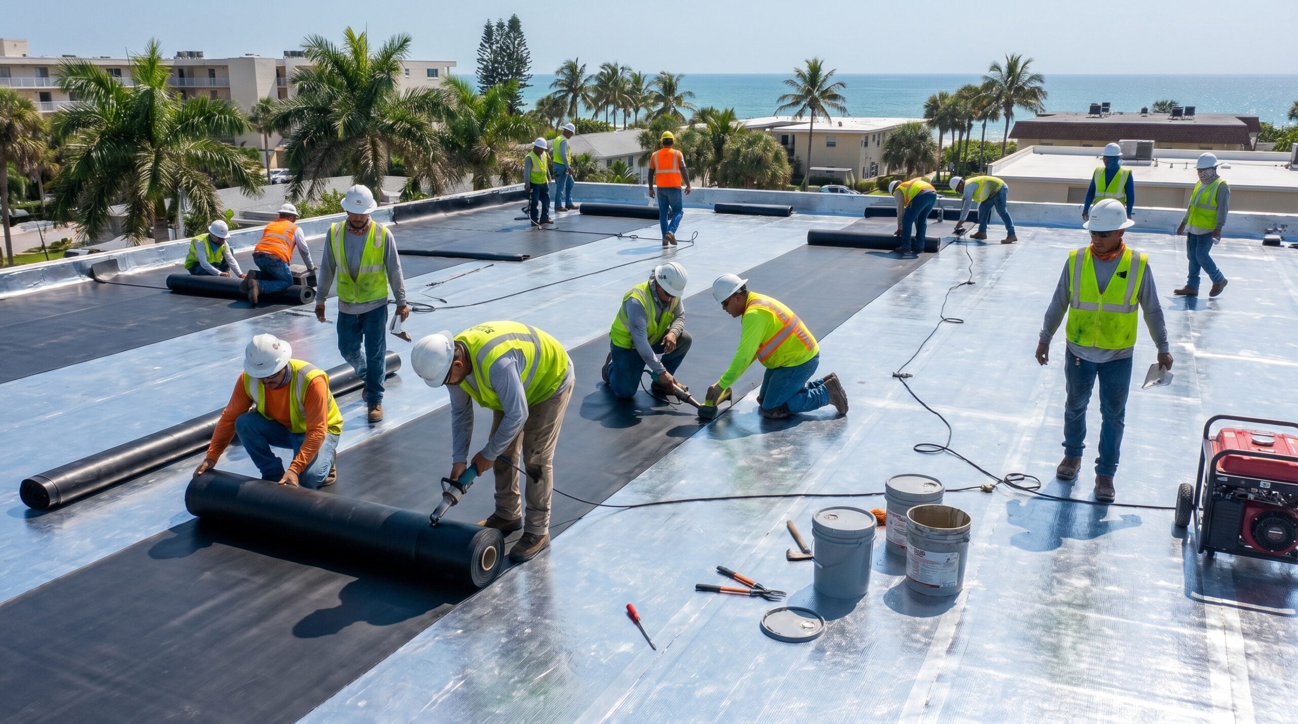 EPDM installation crew working on Florida commercial roof with tools and equipment visible