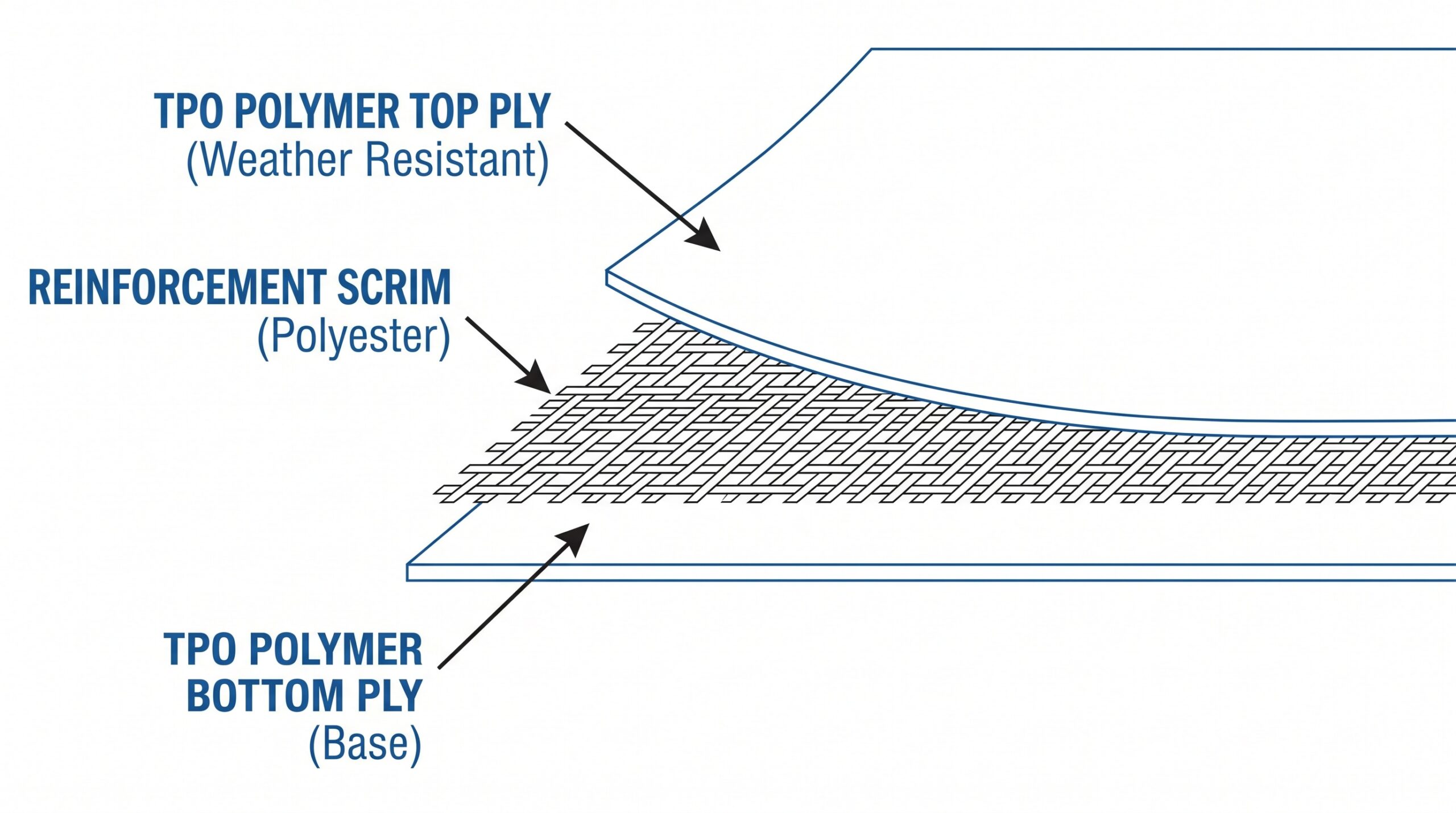 Cross-section diagram showing TPO membrane layers including reinforcement scrim and polymer composition