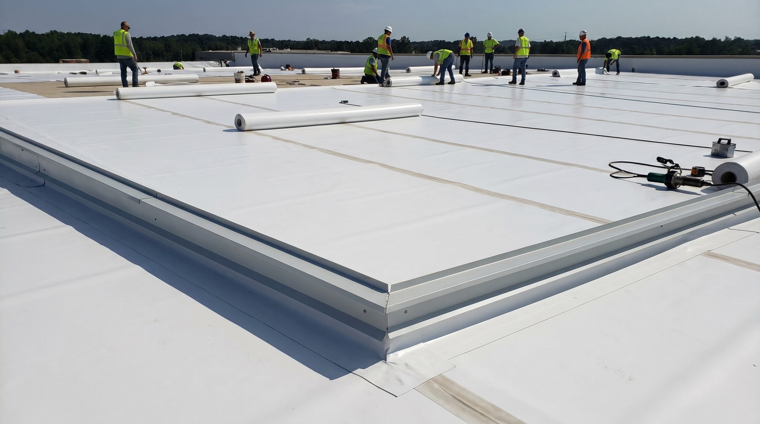 Commercial warehouse roof installation showing white TPO membrane with welded seams and proper edge details