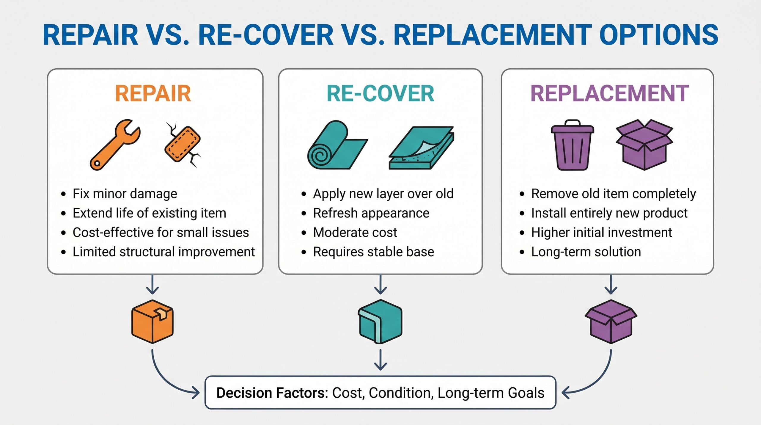 Comparison diagram showing repair vs re-cover vs replacement options