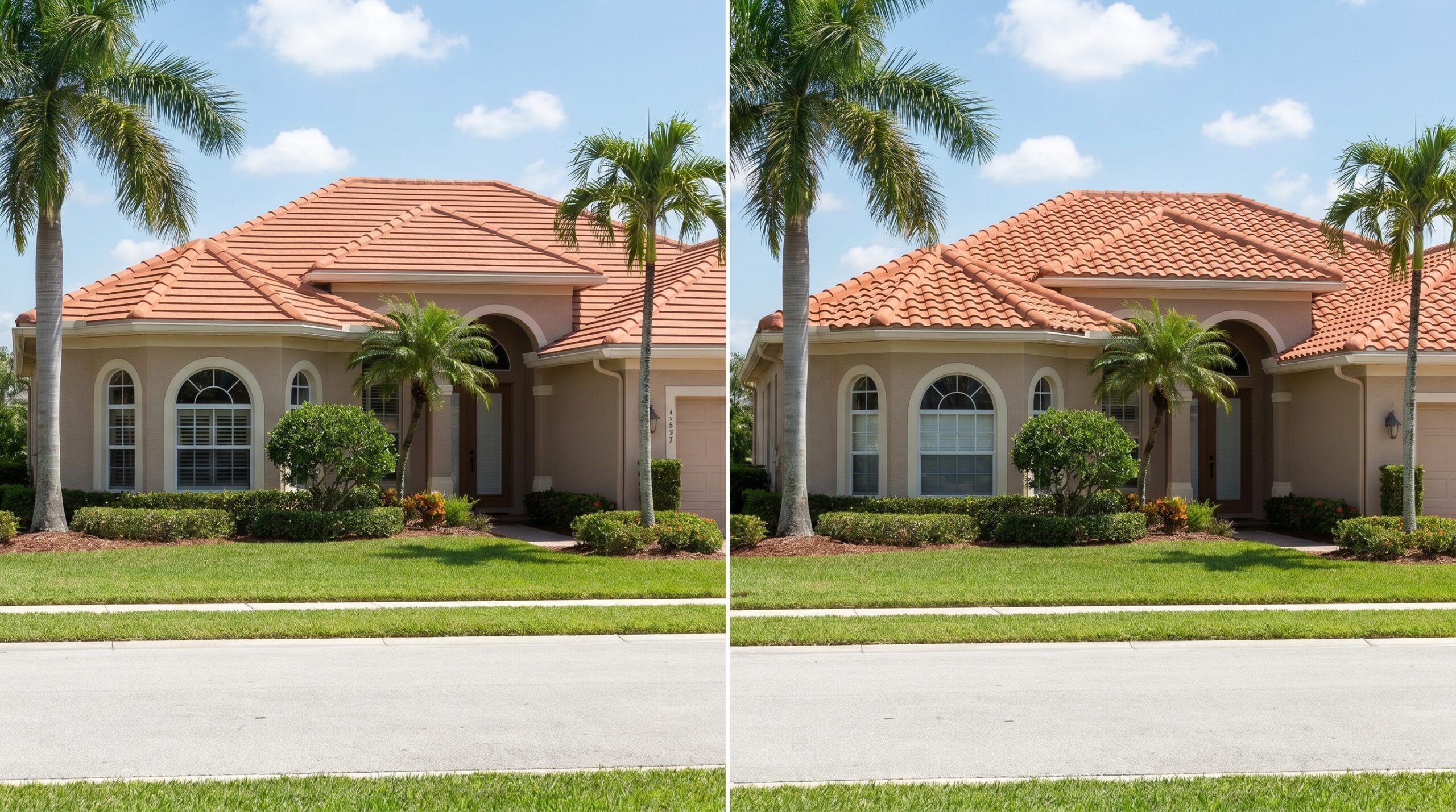 Side by side comparison of flat tiles vs barrel tiles on similar Florida homes