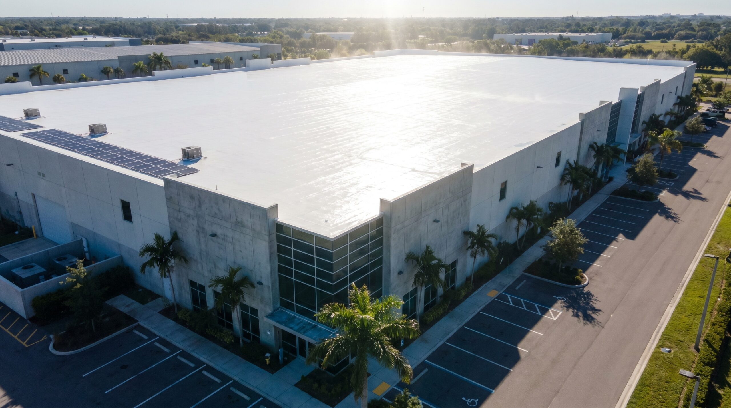 Florida commercial building with white TPO roof reflecting intense sunlight