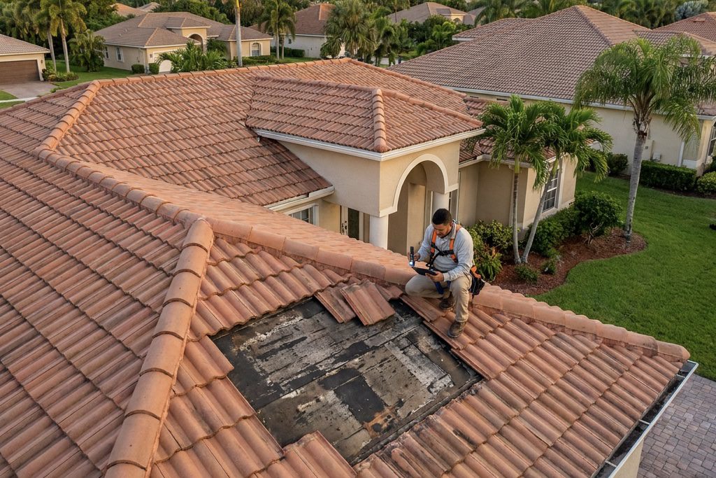 Person inspecting roof for hidden damage