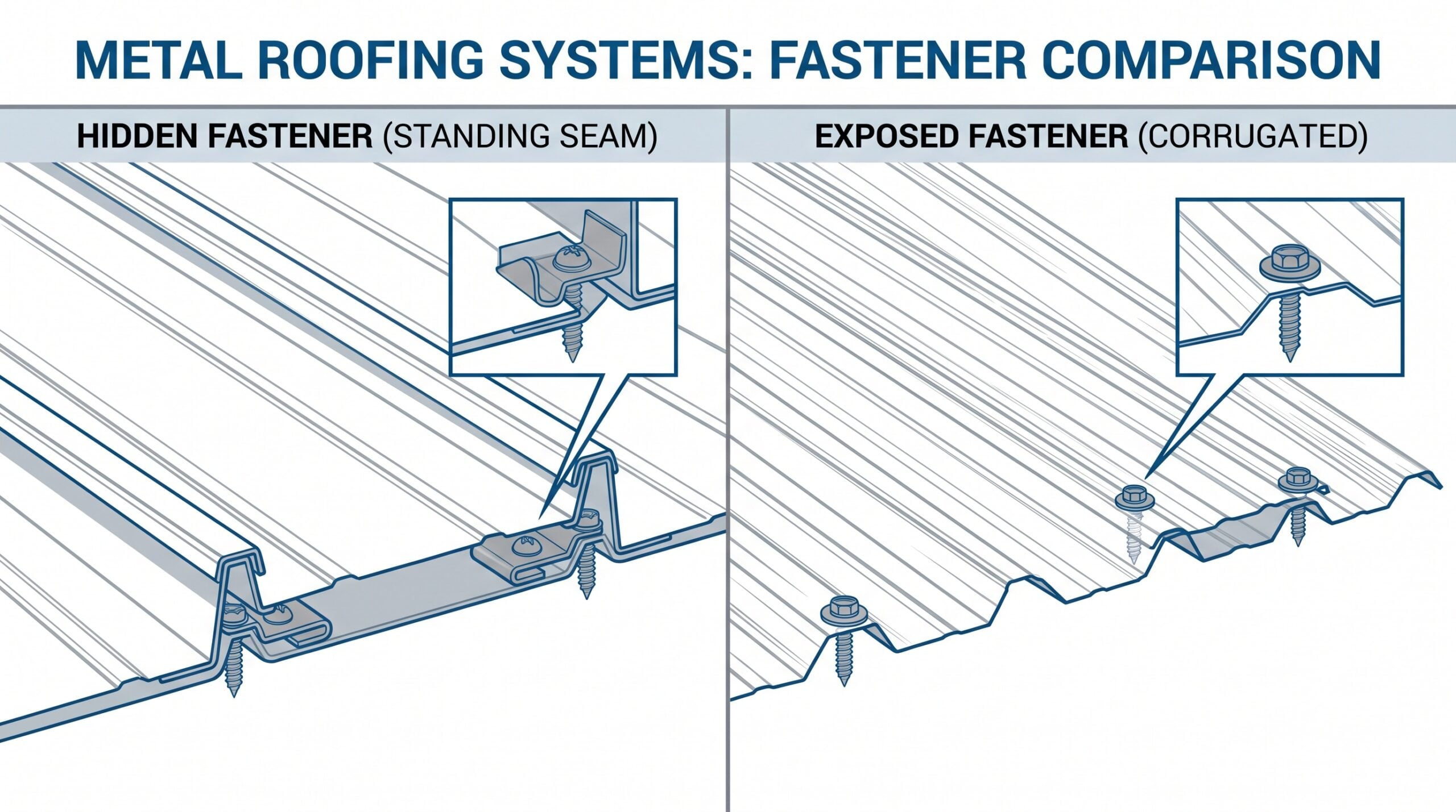 Hidden vs exposed fastener metal roofing diagram