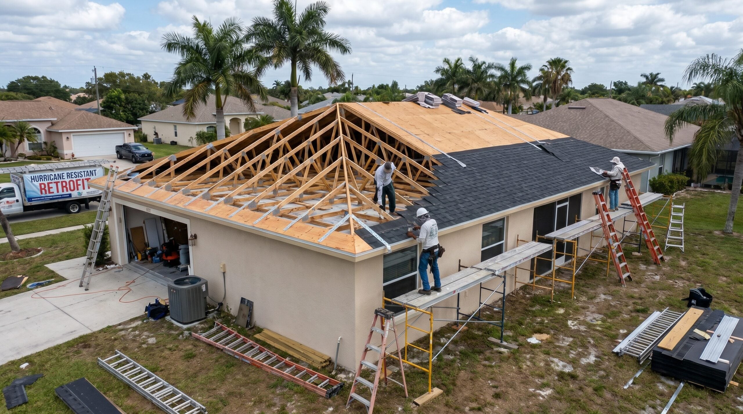 Florida home with hurricane straps and wind-resistant roofing installation in progress