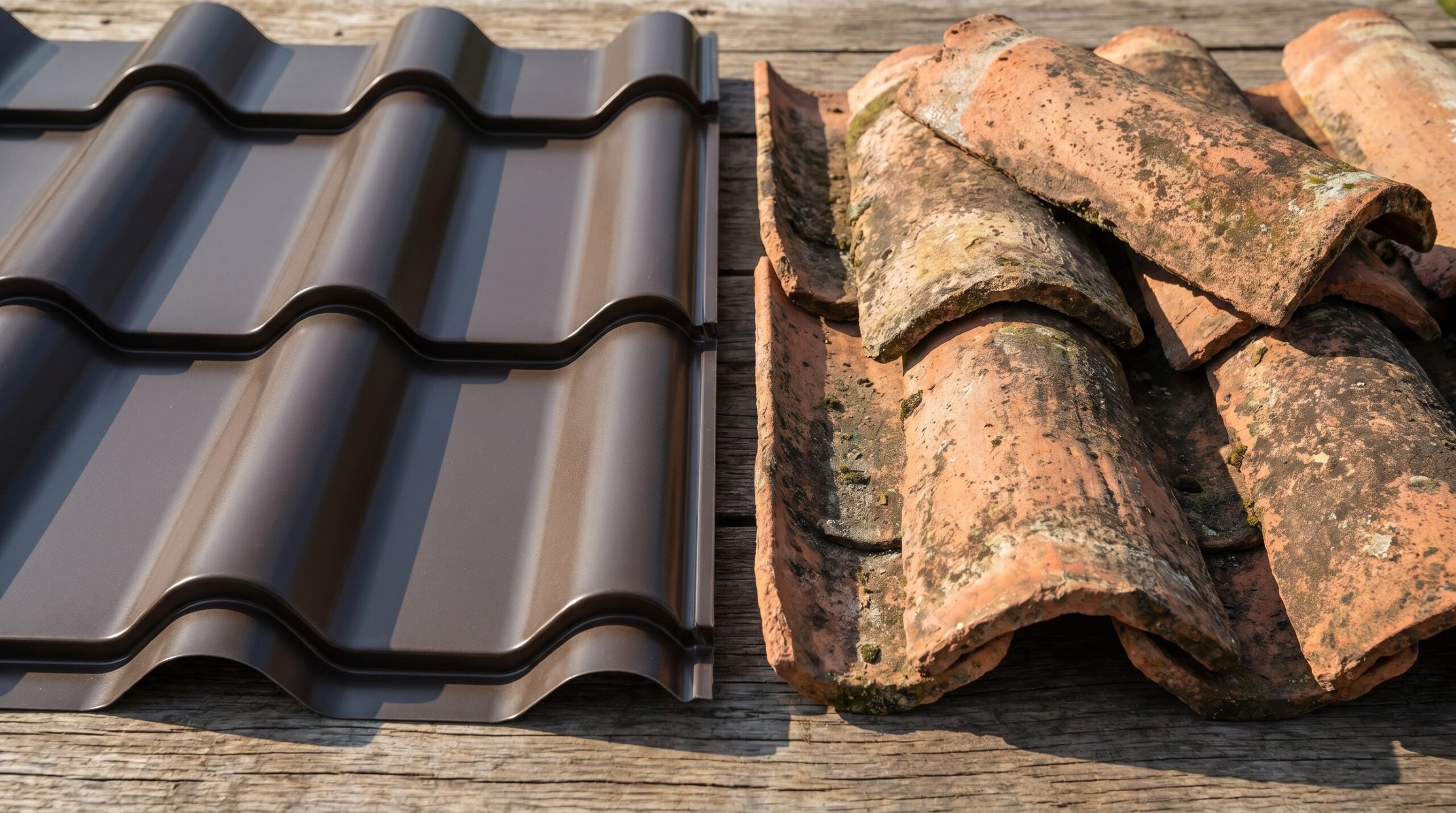 Close-up comparison showing metal barrel tile panel next to traditional clay tiles