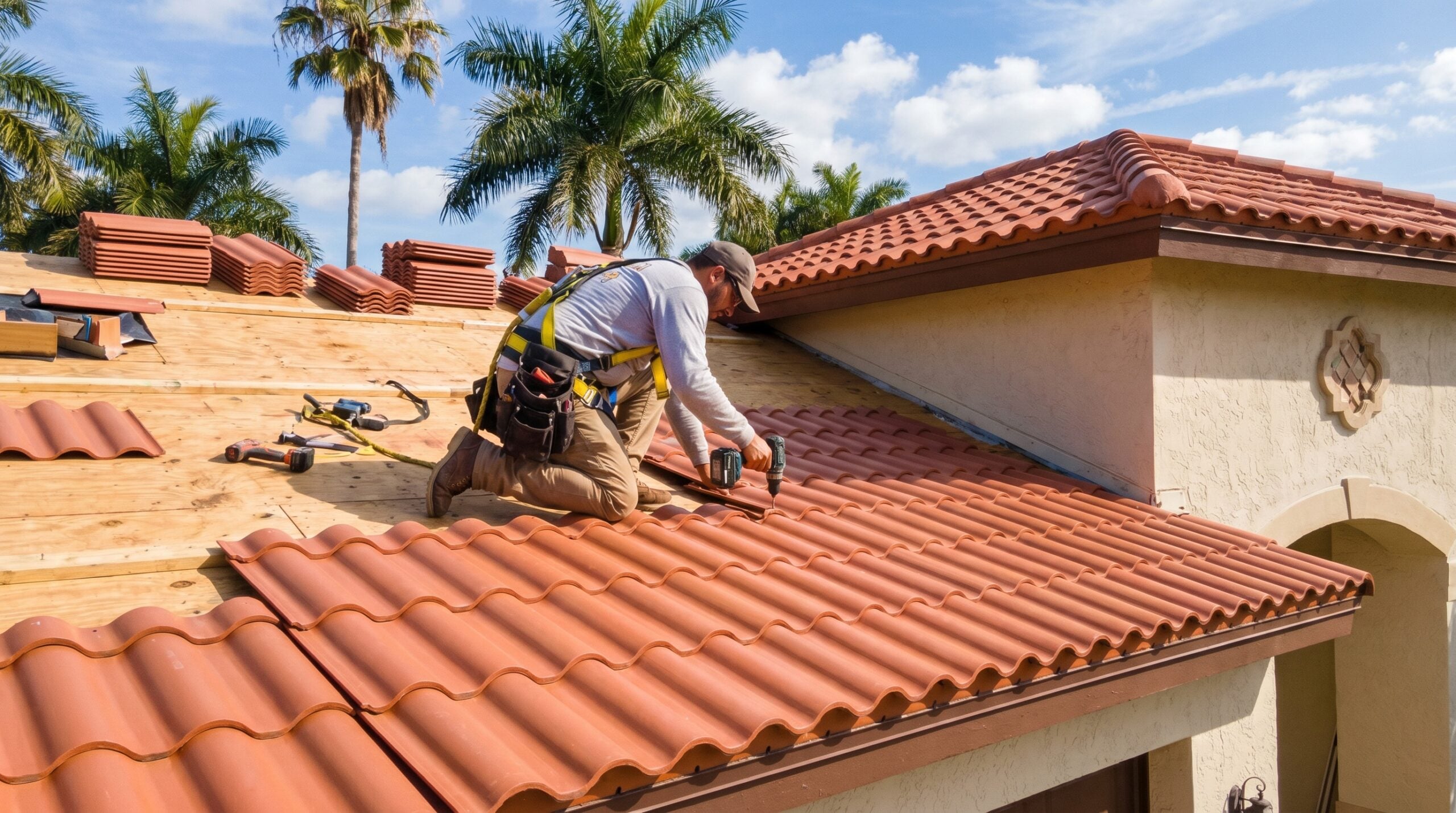 Professional roofer installing metal barrel tile panels on a Florida home