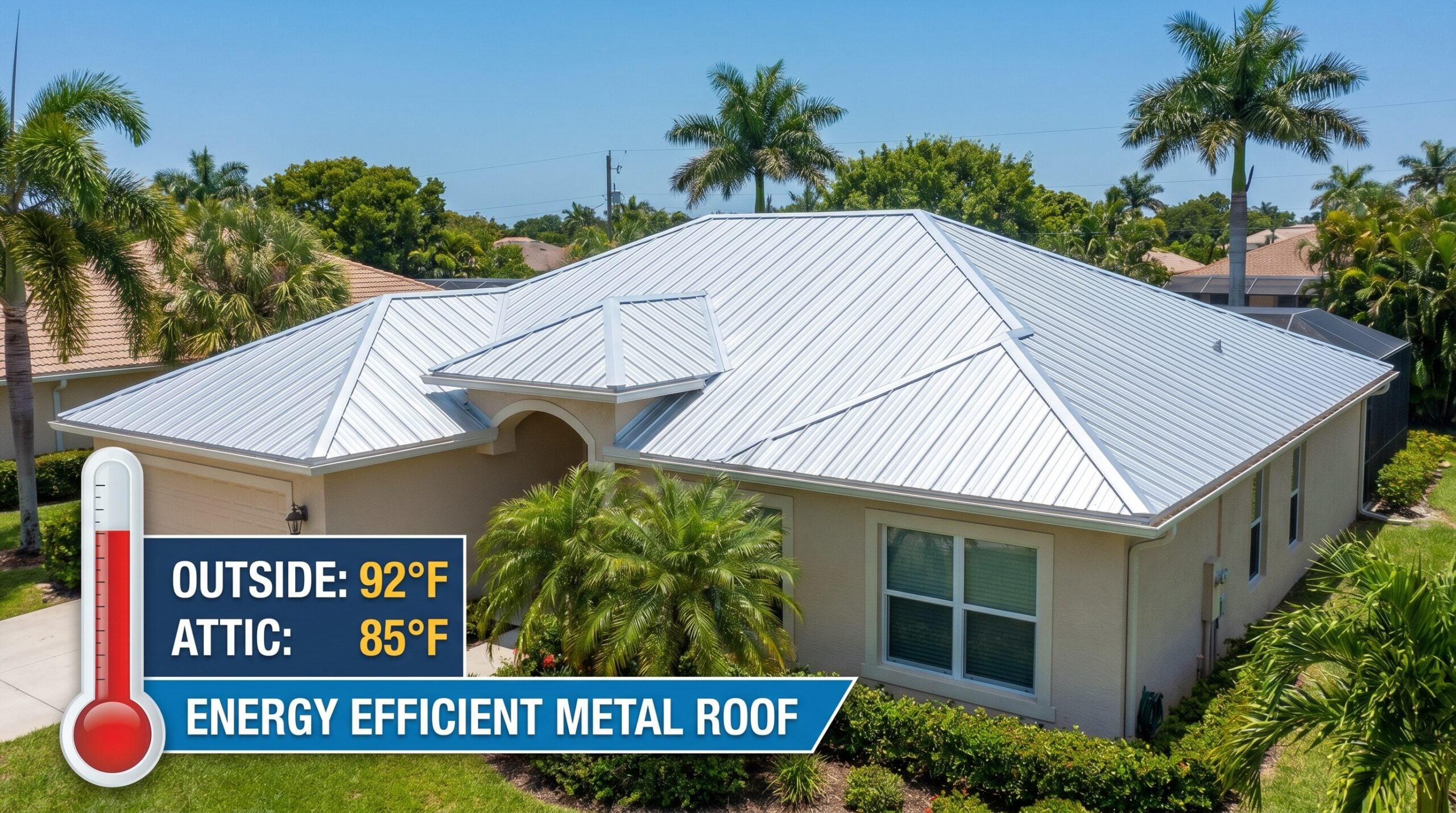 Energy efficient metal roof on a Florida home during summer