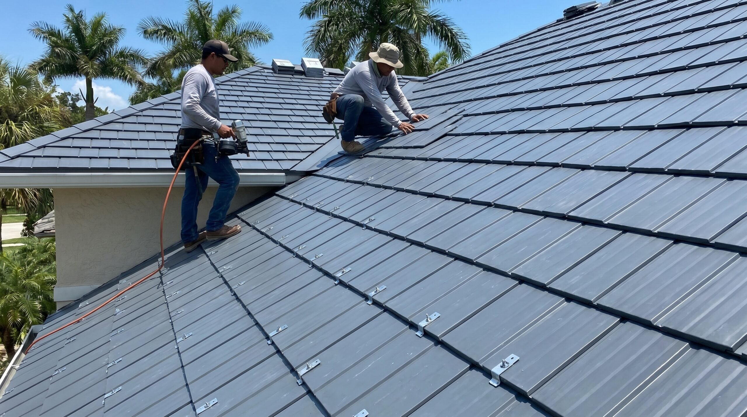 Metal shingles installation showing fastener pattern on Florida home