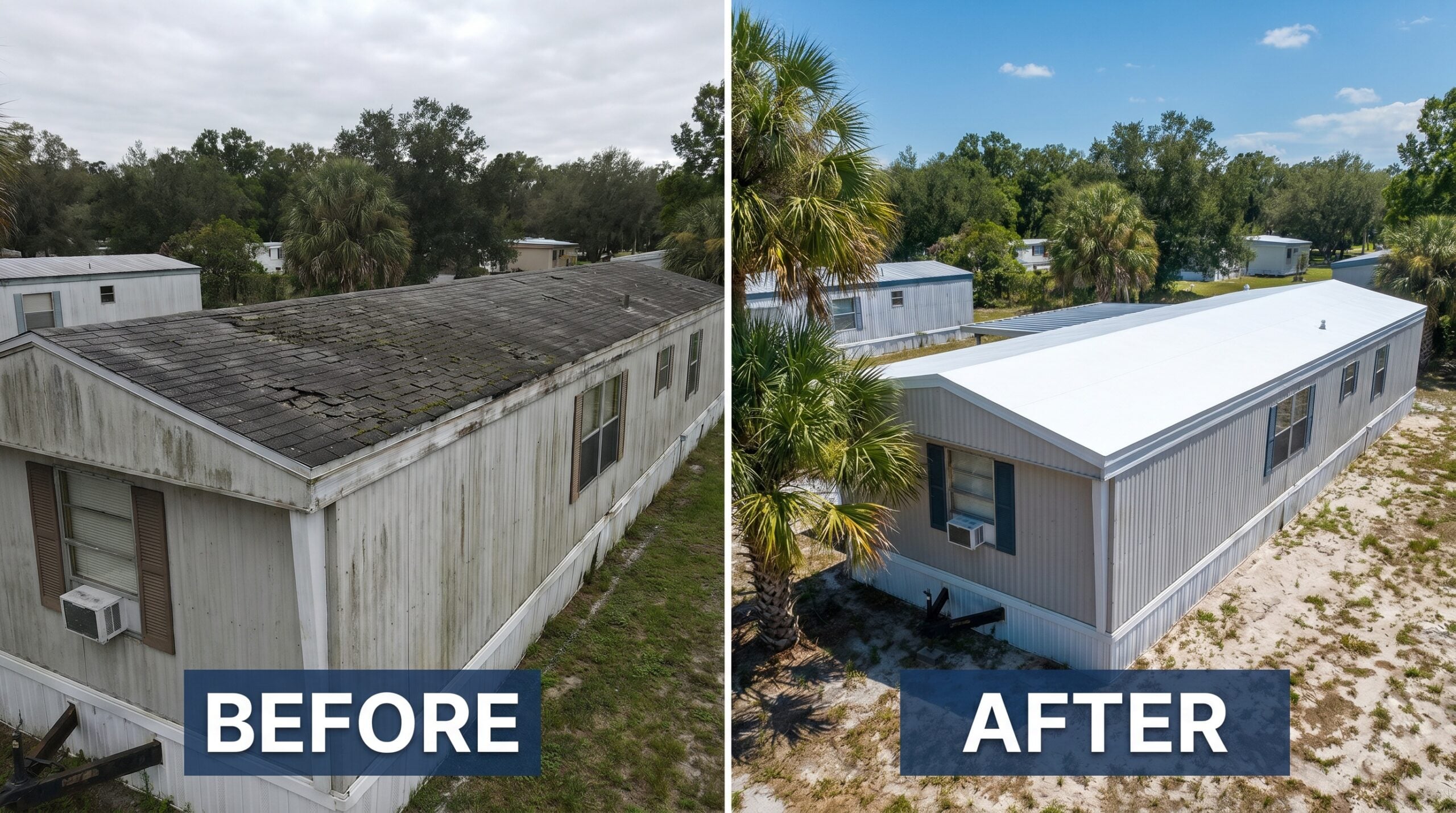 Before and after comparison of a Florida mobile home roof replacement showing old deteriorated roof versus new white TPO installation