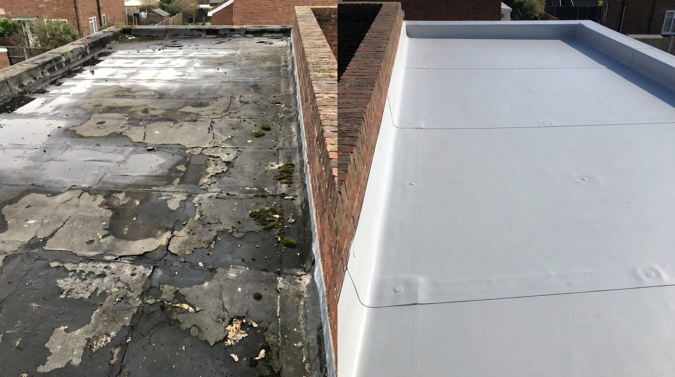 Comparison of old damaged flat roof versus new membrane installation