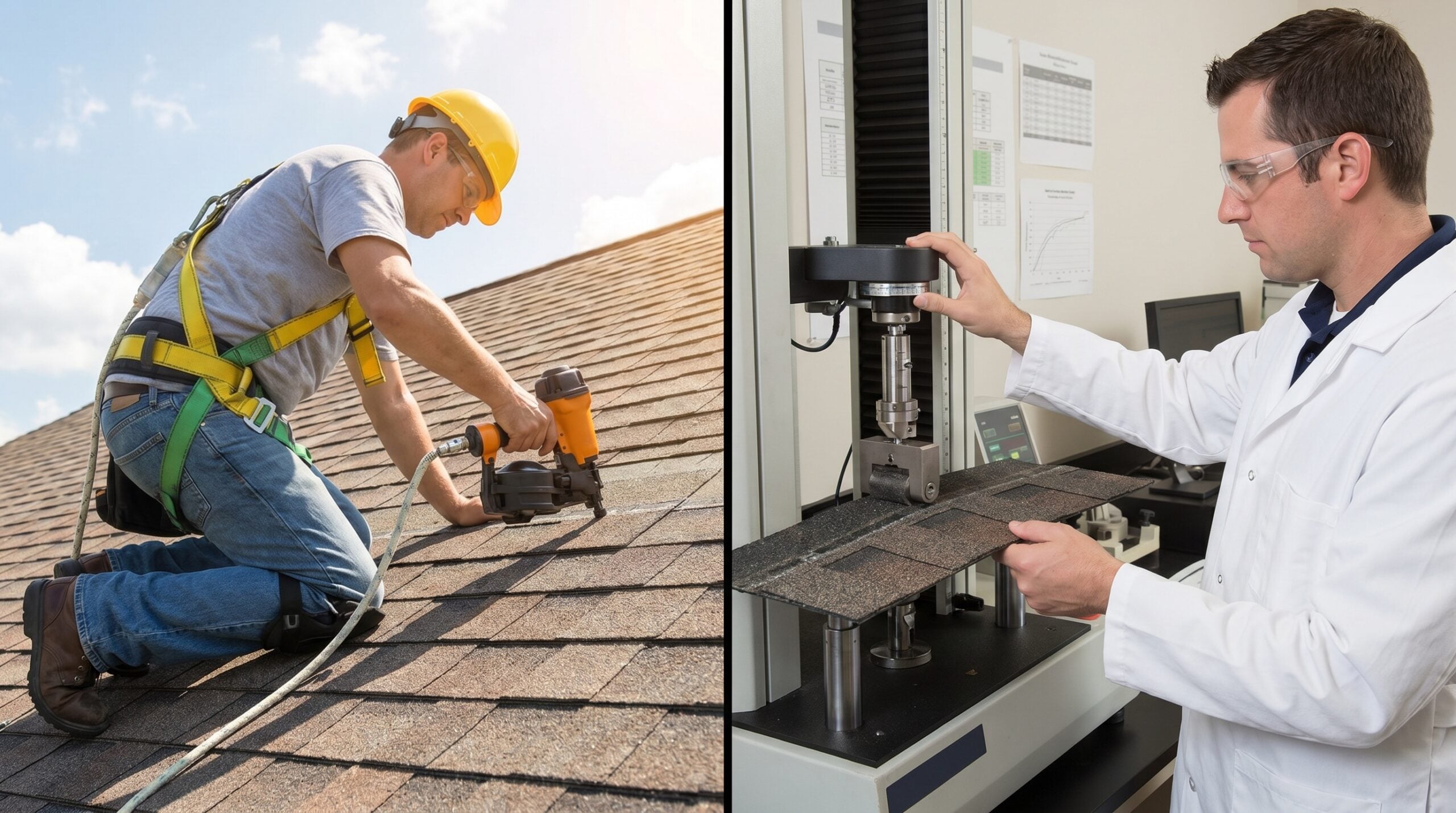 Split image showing roofing contractor installing shingles and manufacturer quality control testing materials