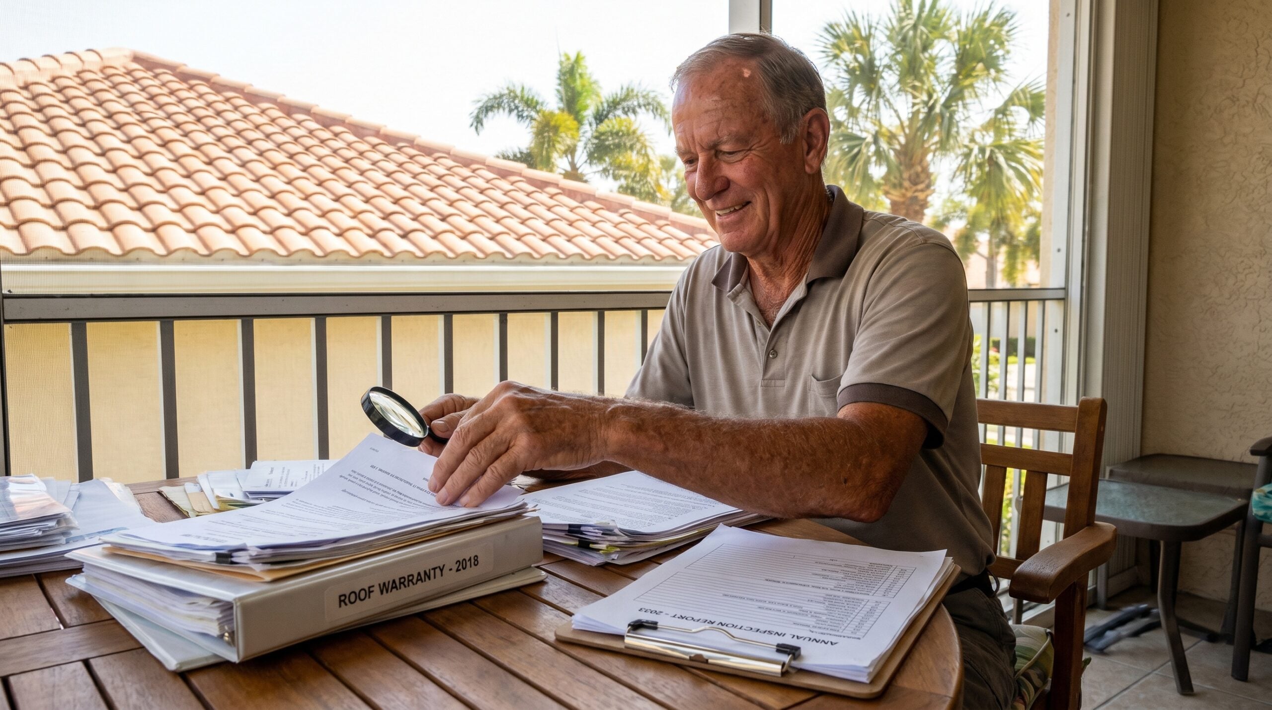Florida homeowner maintaining roof warranty documentation and inspection records