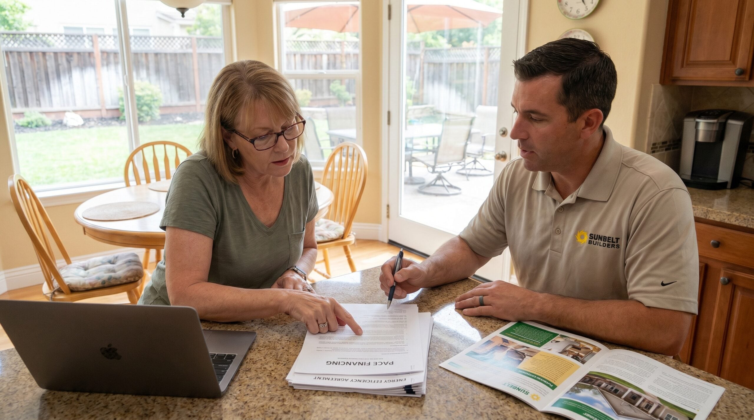 homeowner reviewing PACE financing documents with contractor