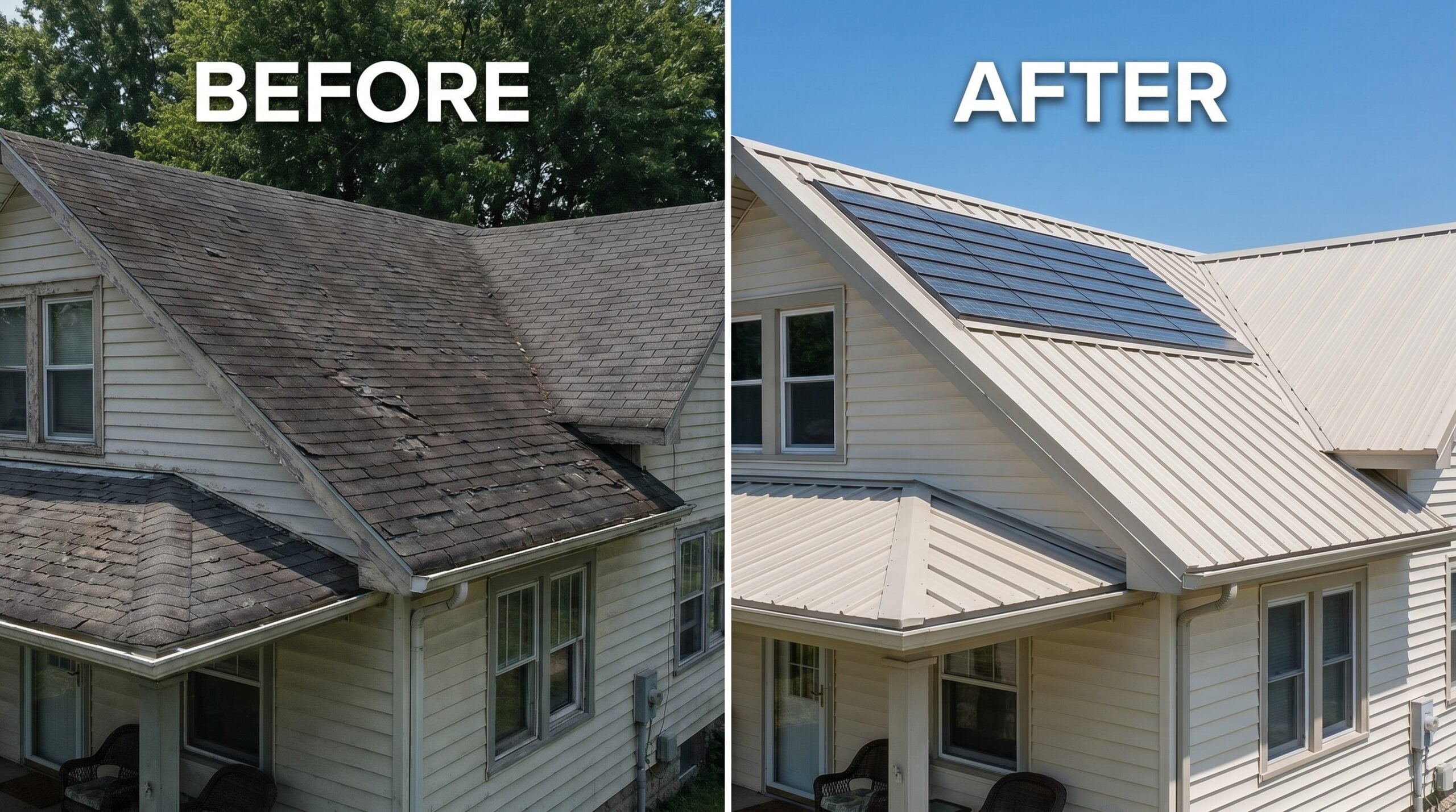 before and after photos showing roof replacement with energy-efficient materials