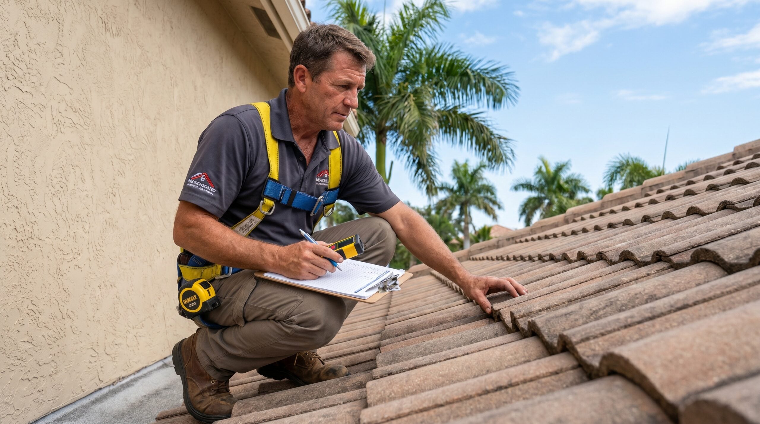 Professional roofer inspecting Florida home with clipboard and measuring tools