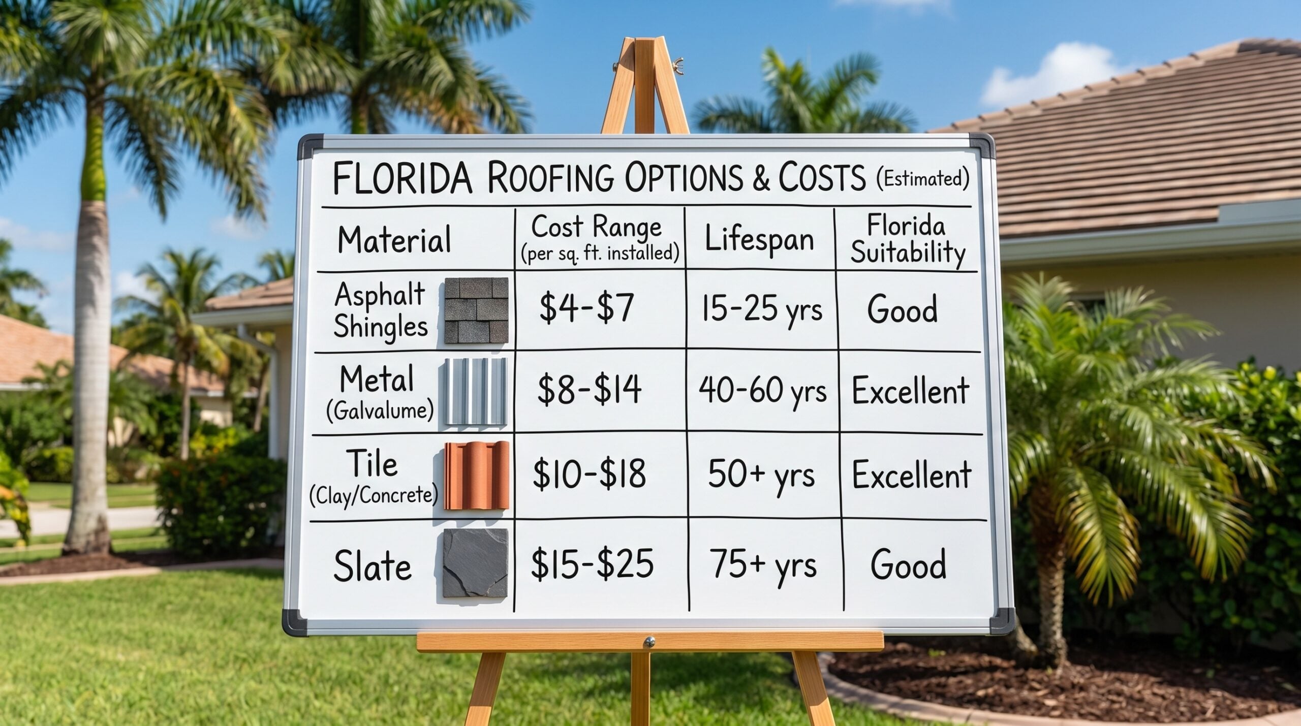 Comparison chart showing different roofing materials and their costs in Florida