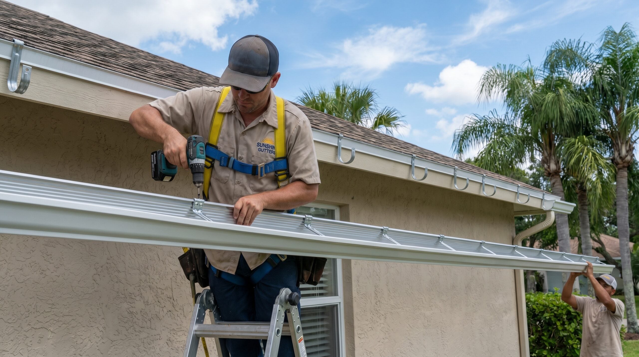 Professional installing gutters on Florida home showing proper hanger spacing