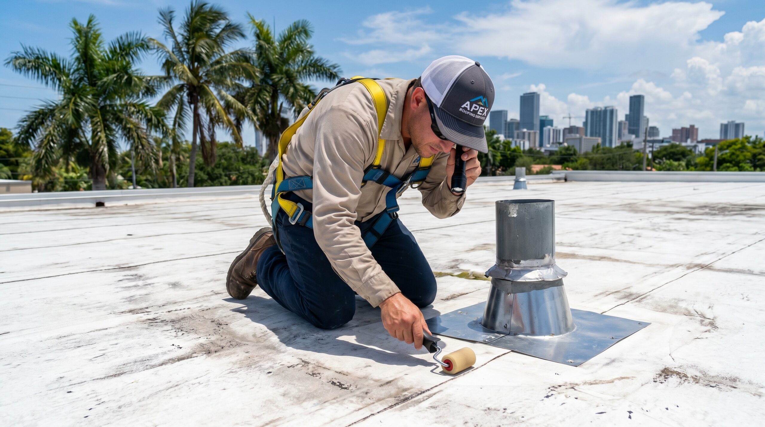Professional roofer inspecting flat roof seams and flashing in Florida