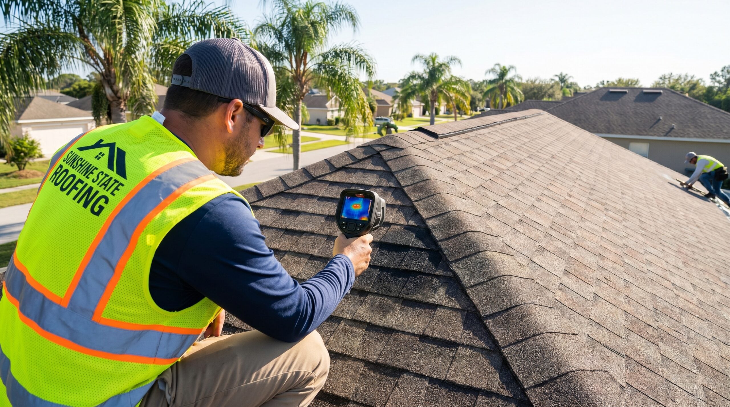 Florida roofer using thermal imaging equipment to inspect a roof for moisture damage