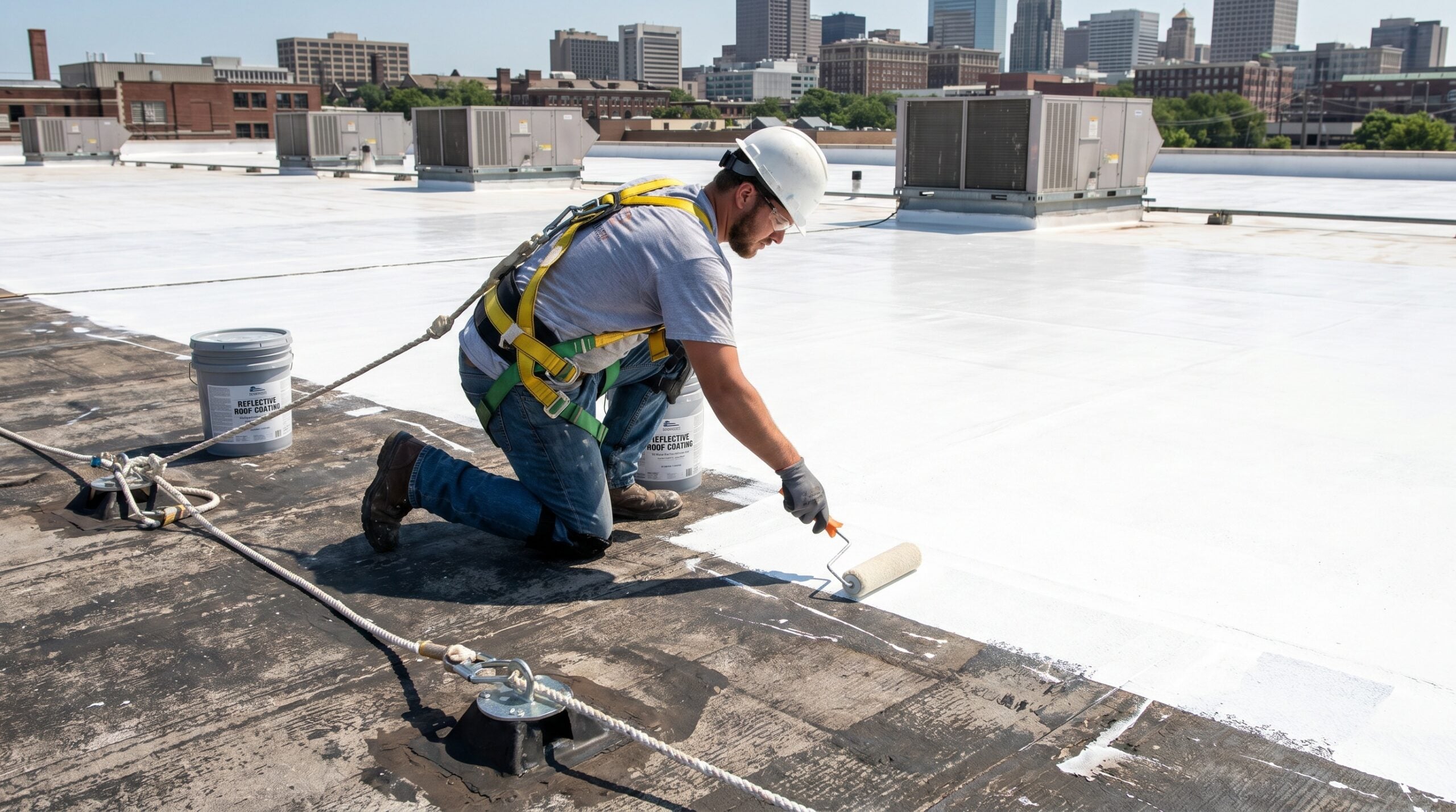 maintenance worker applying reflective coating to modified bitumen roof with proper safety equipment