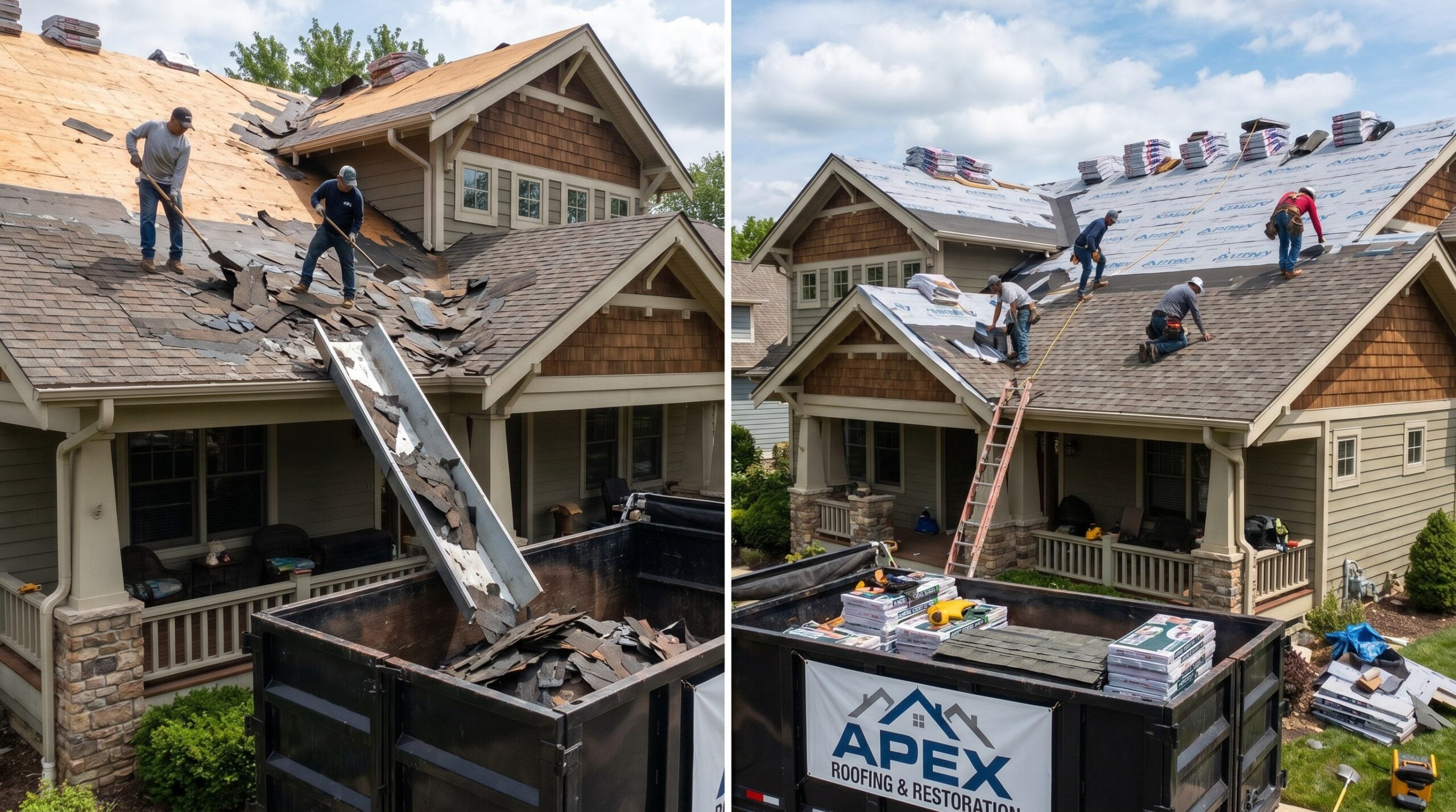 Roof replacement project showing old shingles being removed and new materials being installed