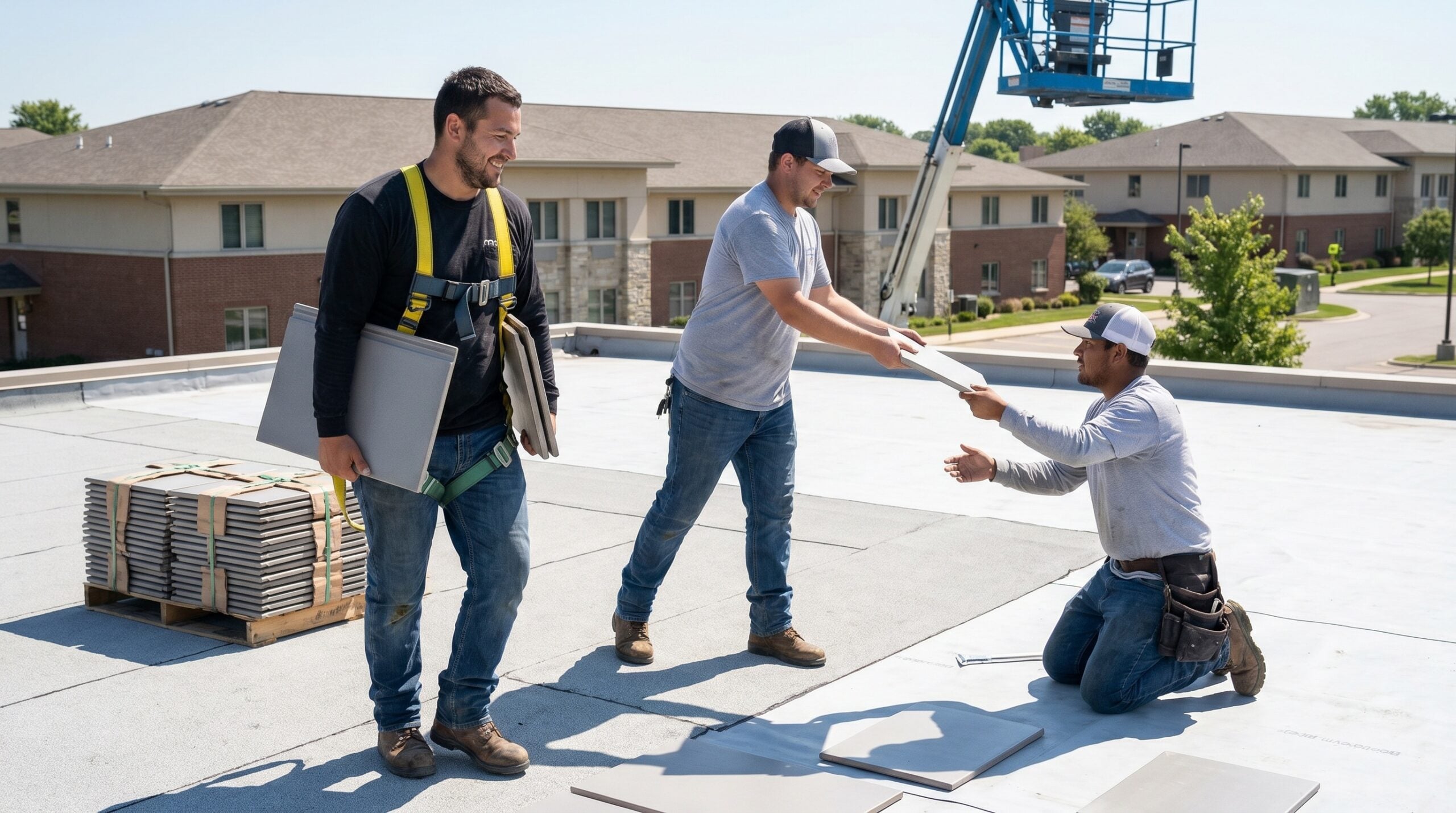 Roofing crew installing flat tiles showing ease of handling