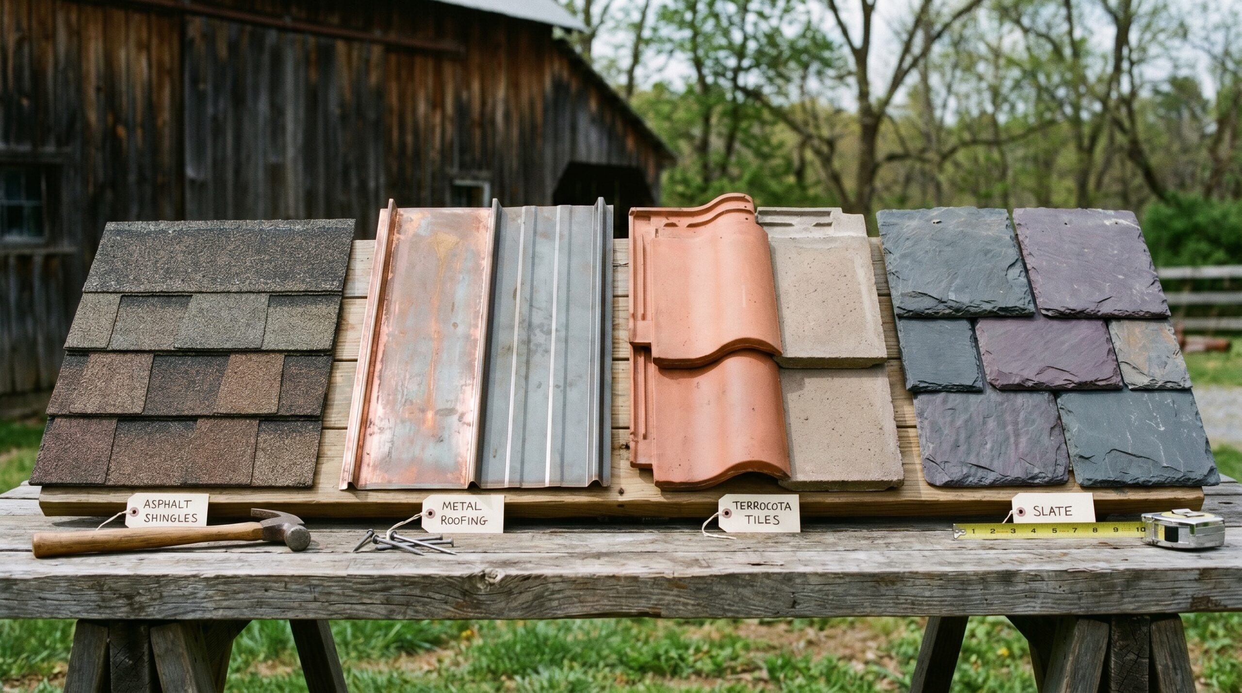 Side by side comparison of different roofing materials including shingles, metal, tile, and flat roof with cost labels
