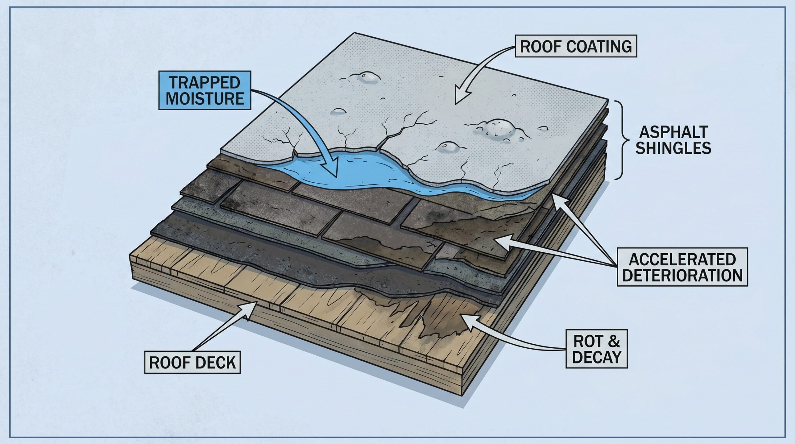 Diagram showing moisture trapped under roof coating on asphalt shingles, illustrating how coatings can accelerate deterioration