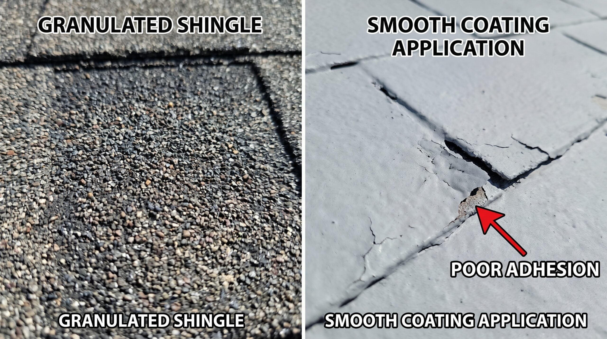 Close-up comparison showing granulated asphalt shingle surface versus smooth coating application, highlighting adhesion challenges