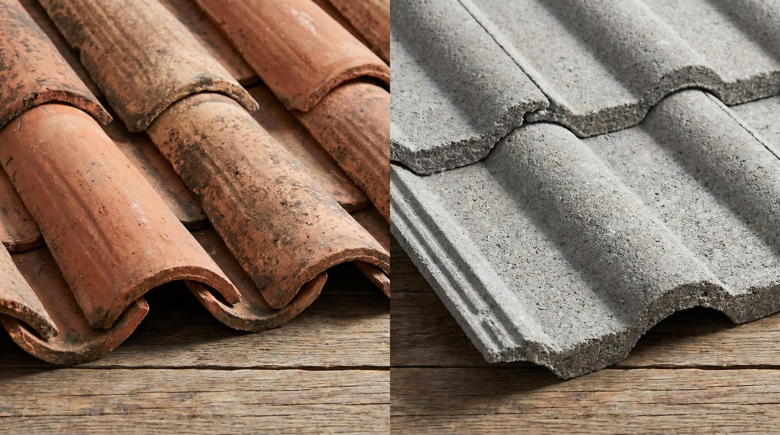 Side by side comparison clay concrete roof tiles close up