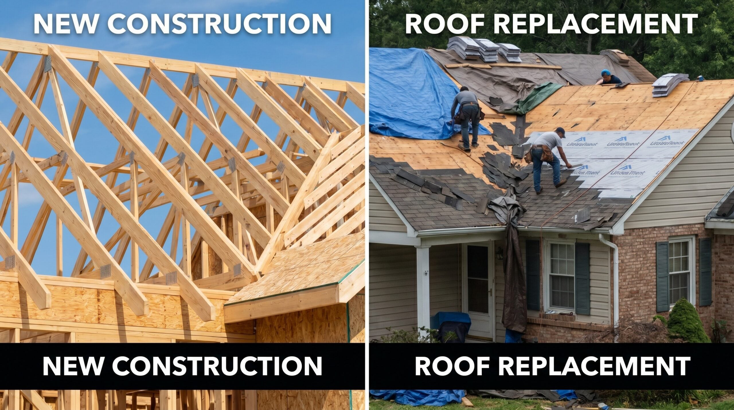 Side by side comparison showing new construction roof framework versus roof replacement in progress