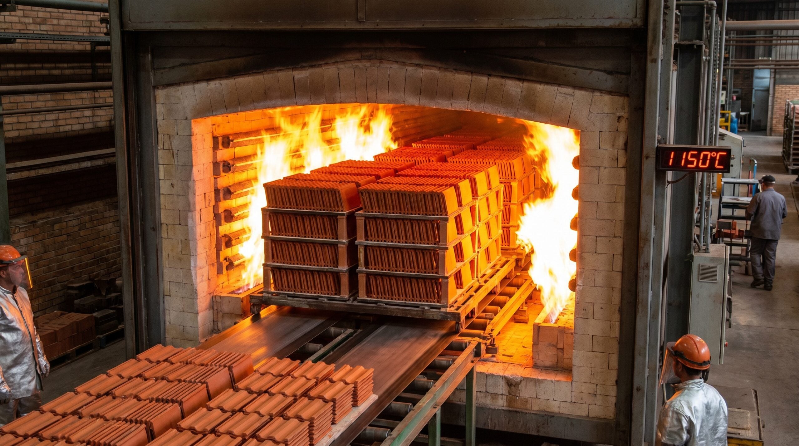 Terracotta clay tiles being fired in industrial kiln during manufacturing process