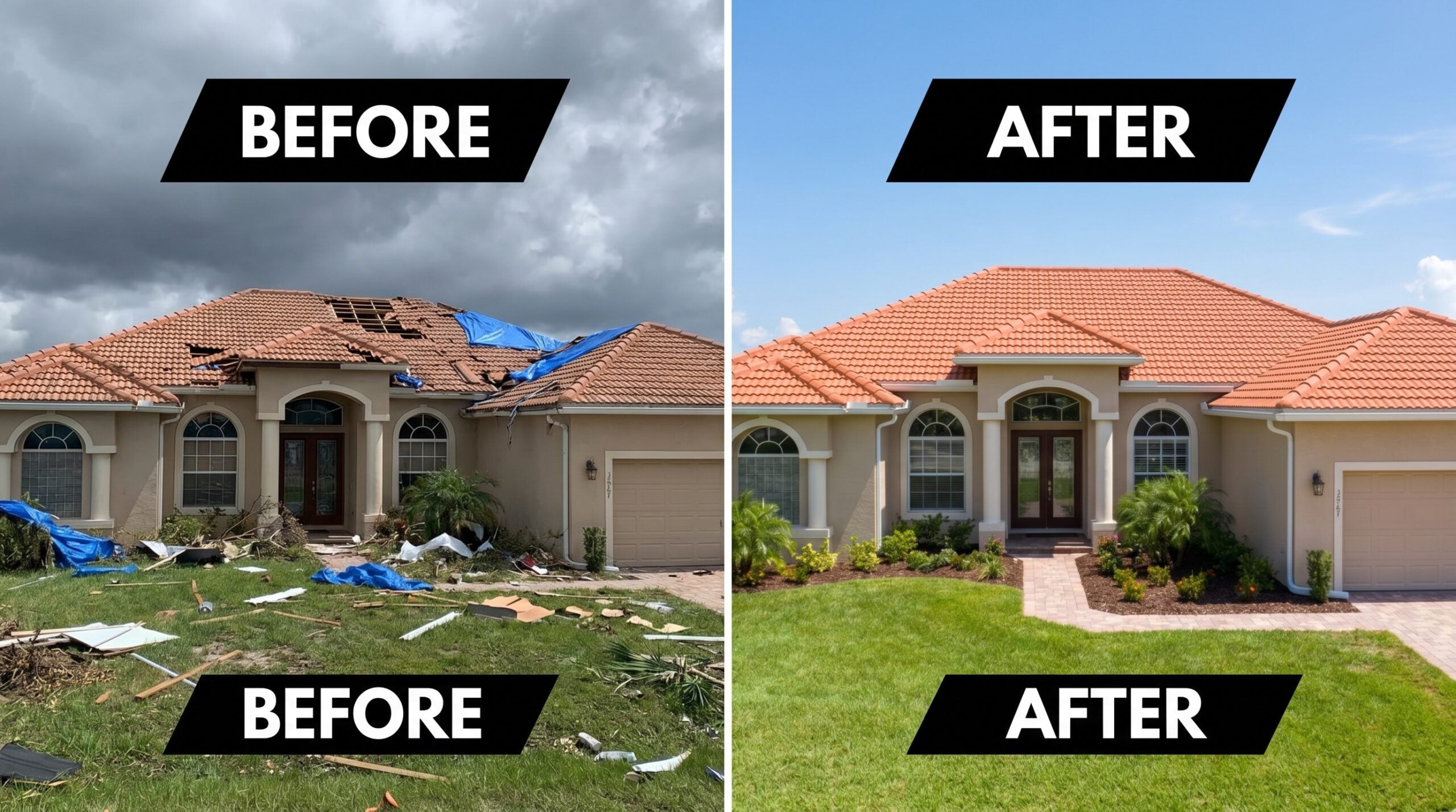 before after florida home tile roof replacement hurricane damage comparison