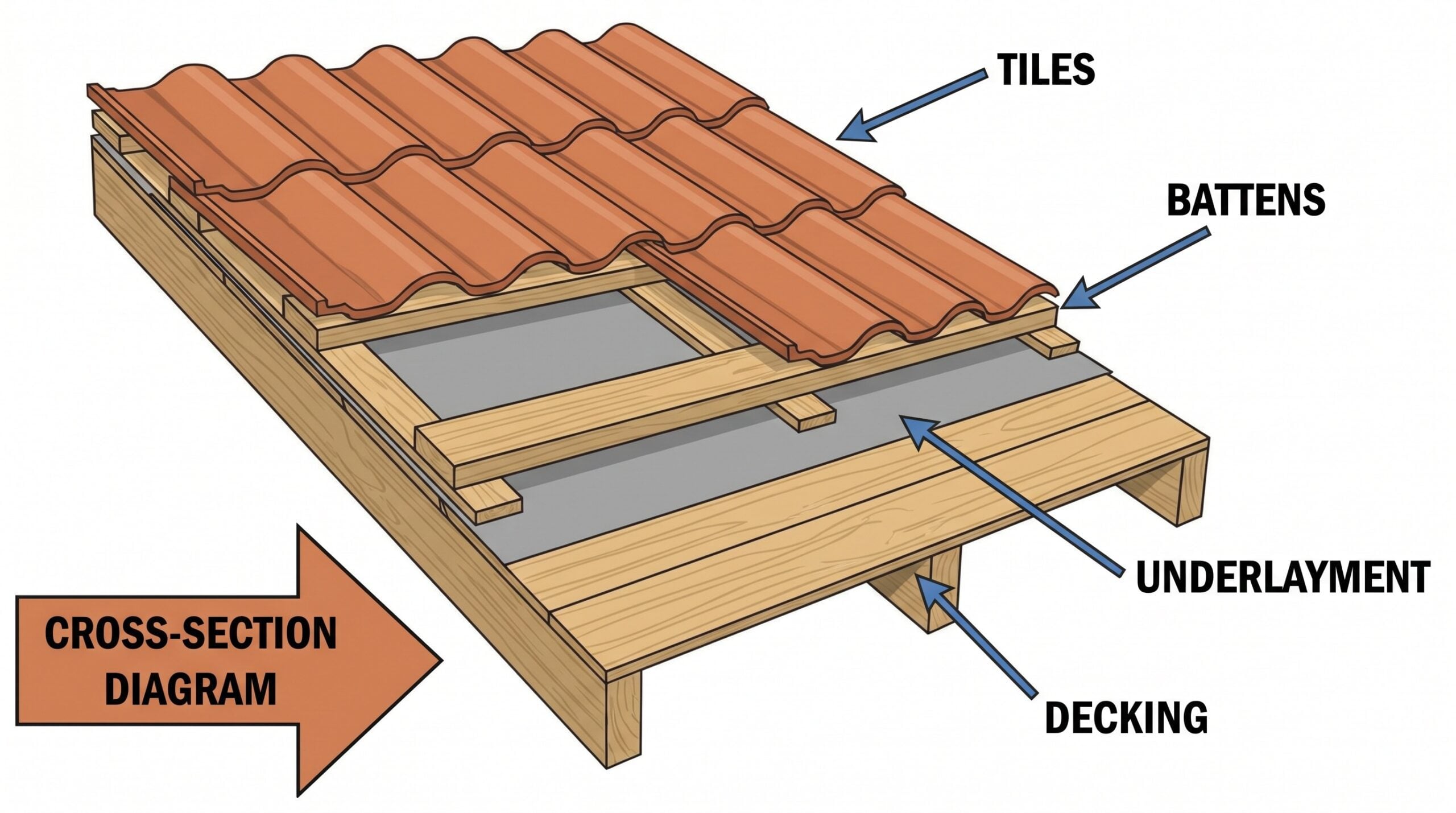 Cross-section diagram showing tile roof layers including tiles, battens, underlayment, and decking with labels