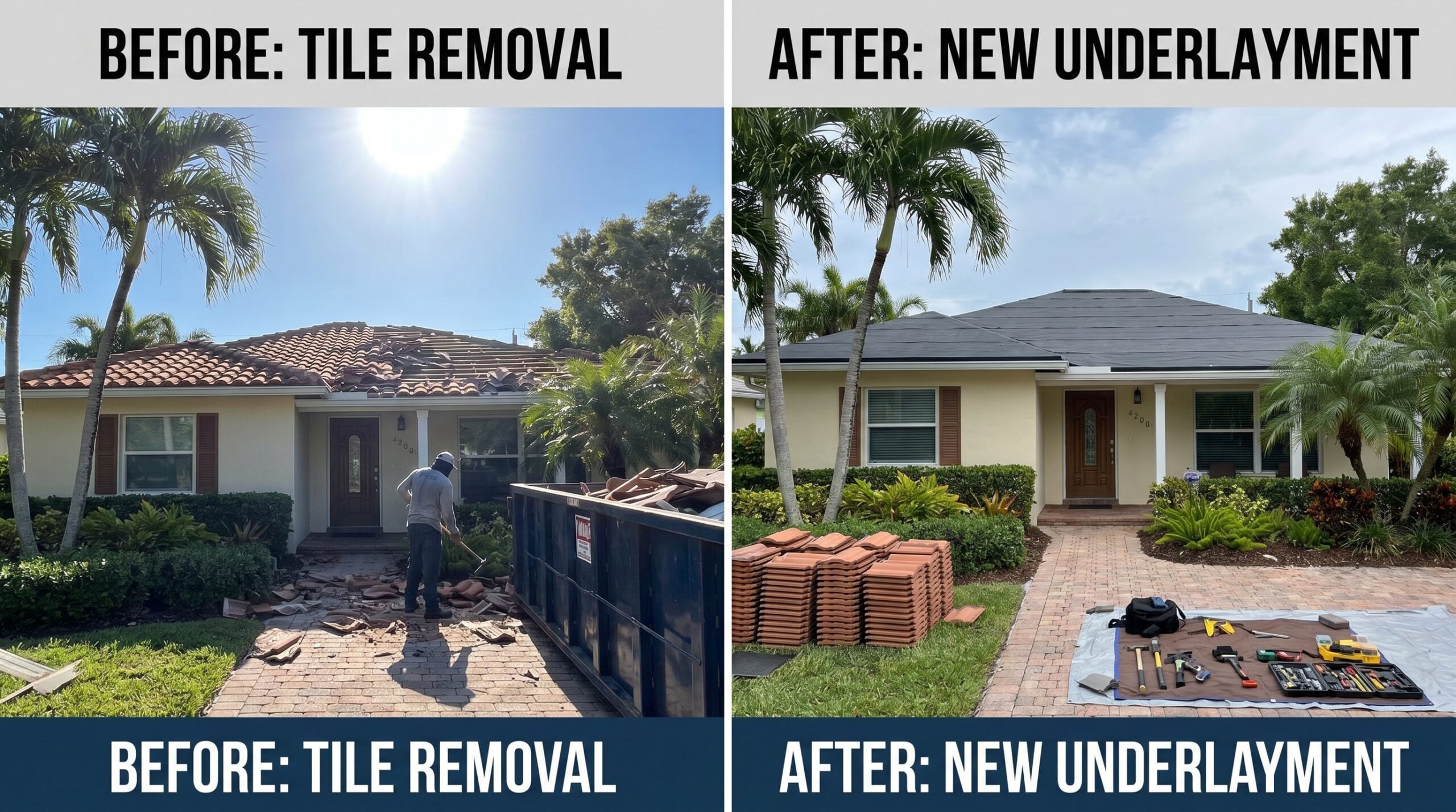 Before and after photos showing tile removal process and new underlayment installation on a Florida home