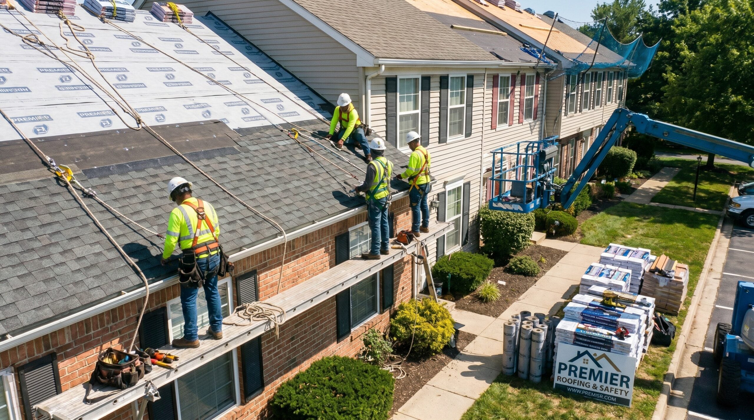 Roofing crew installing new shingles on townhouse with safety equipment and organized material staging
