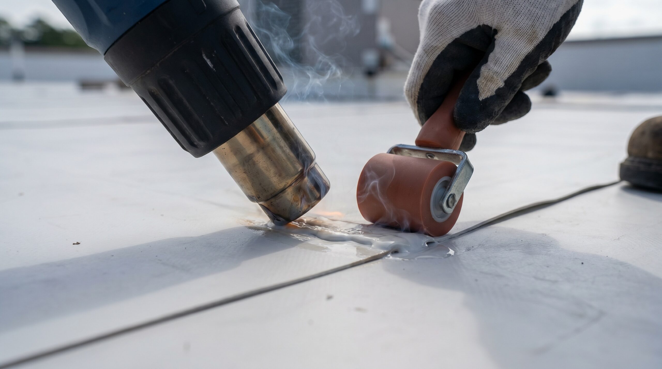 Close-up of TPO membrane heat-welding process showing the seamless connection being created