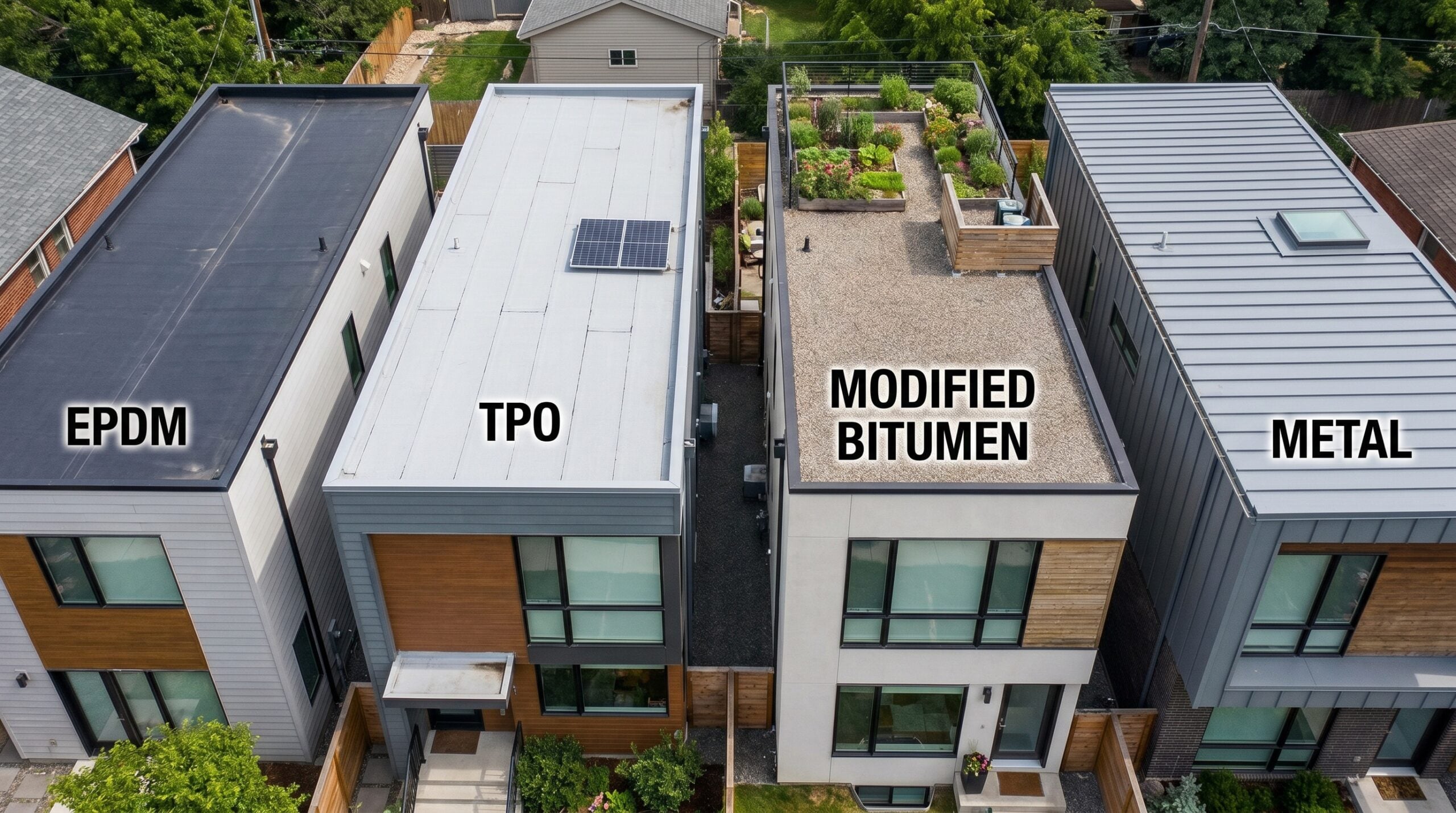 Side-by-side comparison of different flat roofing materials installed on homes