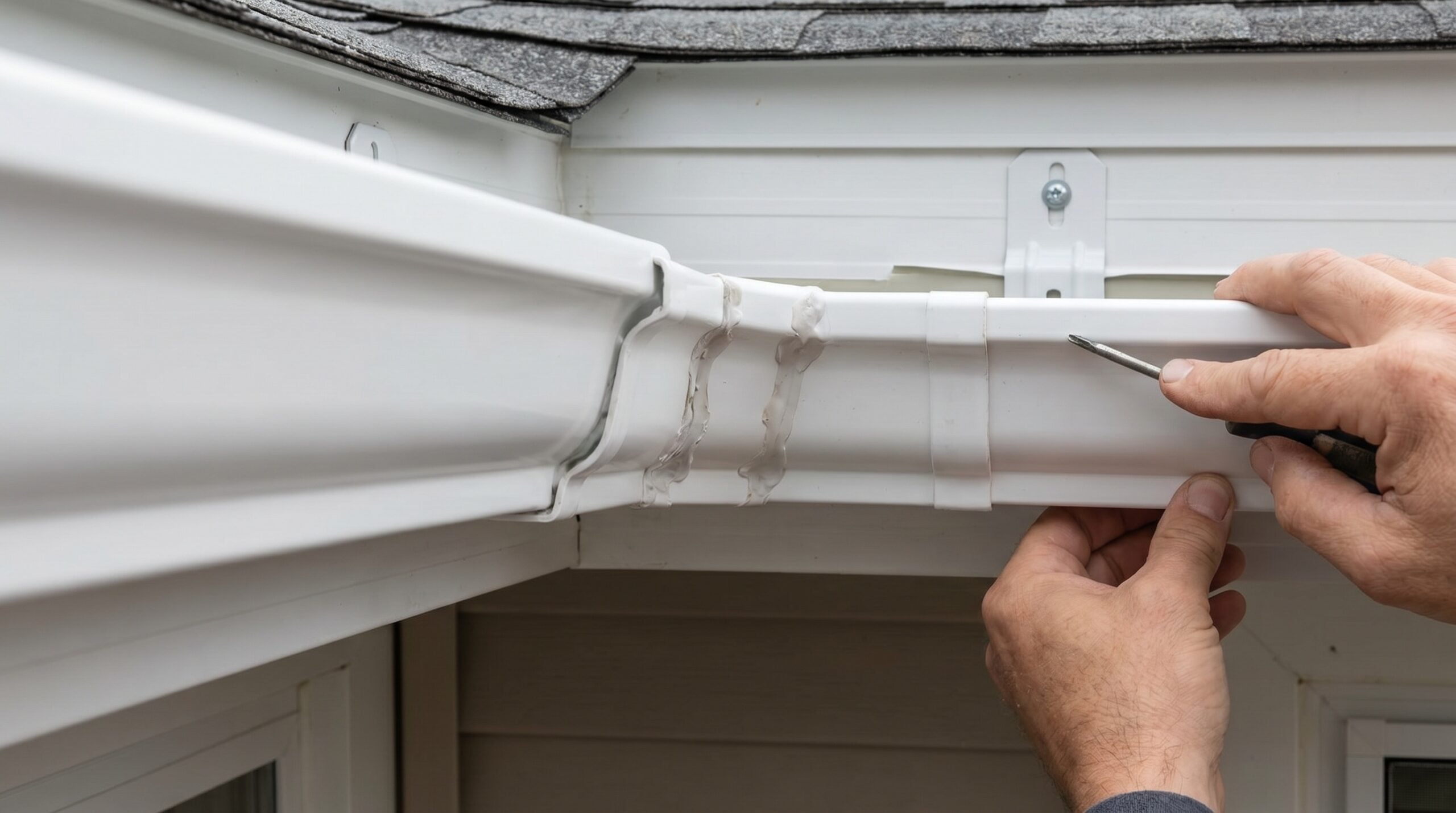 Close-up of vinyl gutter installation showing sectional joints and brackets