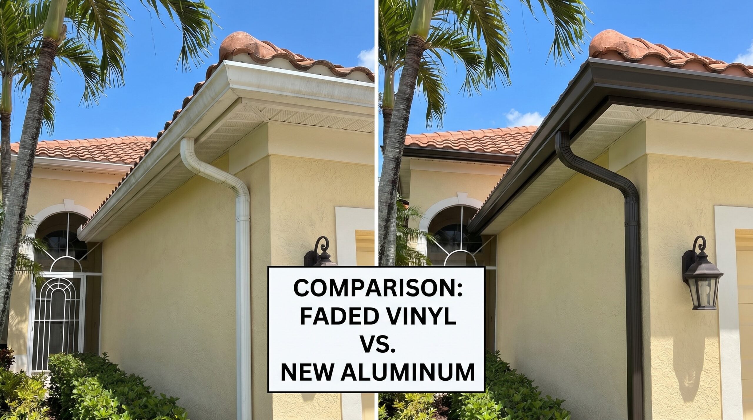 Comparison showing faded vinyl gutters next to new aluminum gutters on Florida home