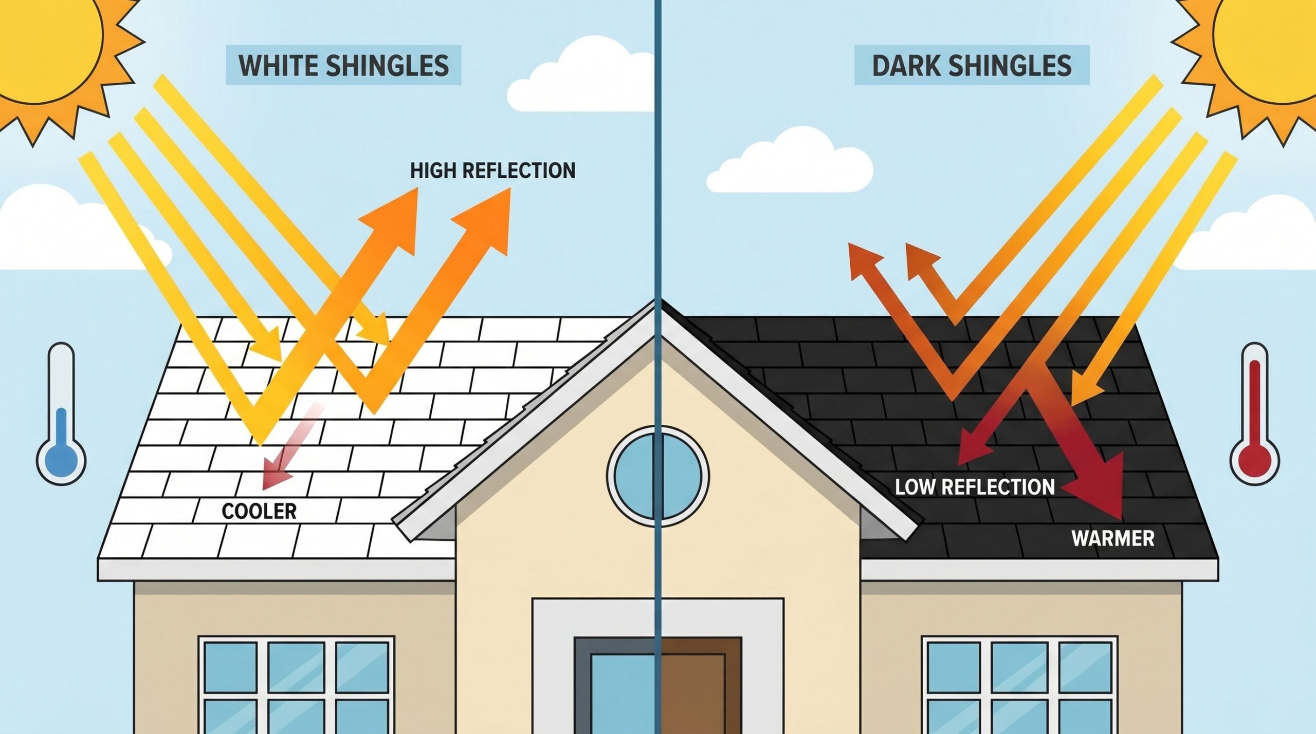 Comparison diagram showing heat reflection between white and dark shingles