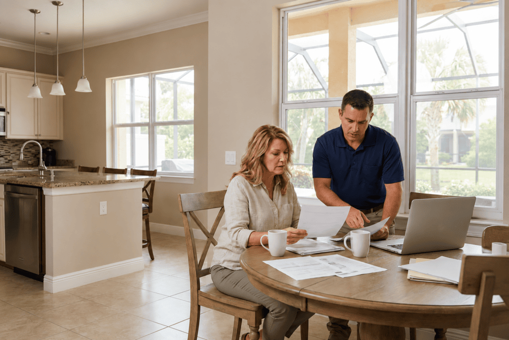 Couple reviewing documents at table
