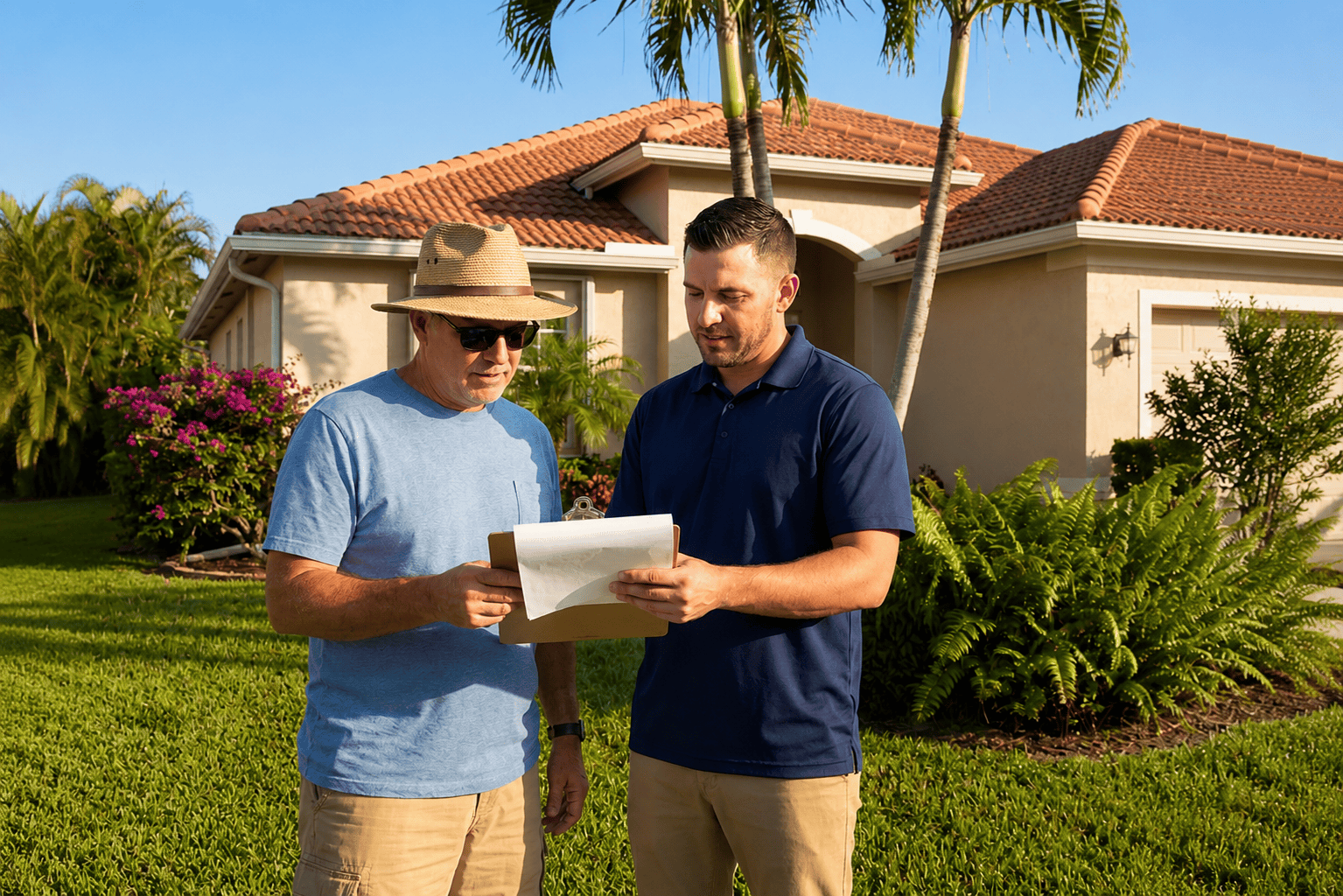 Two men discussing paperwork outdoors.