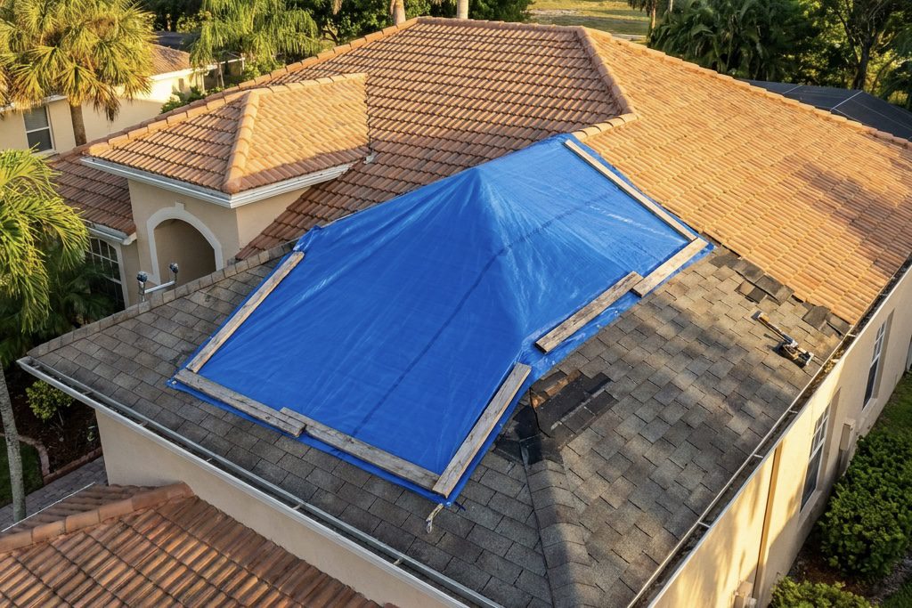 Roof covered with blue tarp